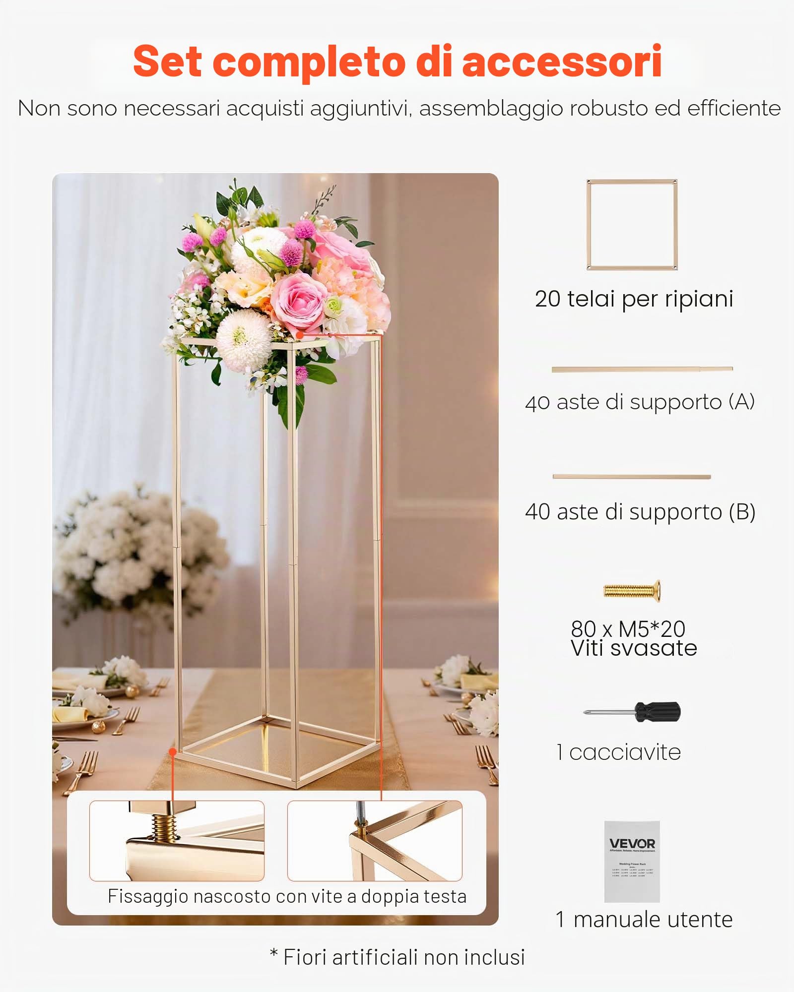 VEVOR Supporto per Fiori da Matrimonio 10 Pezzi da 80 cm, Supporto per Fiori con Vite Nascosta, Espositore Floreale Cubico Rettangolare per Matrimoni, Feste, Compleanni, Casa, Oro Francese