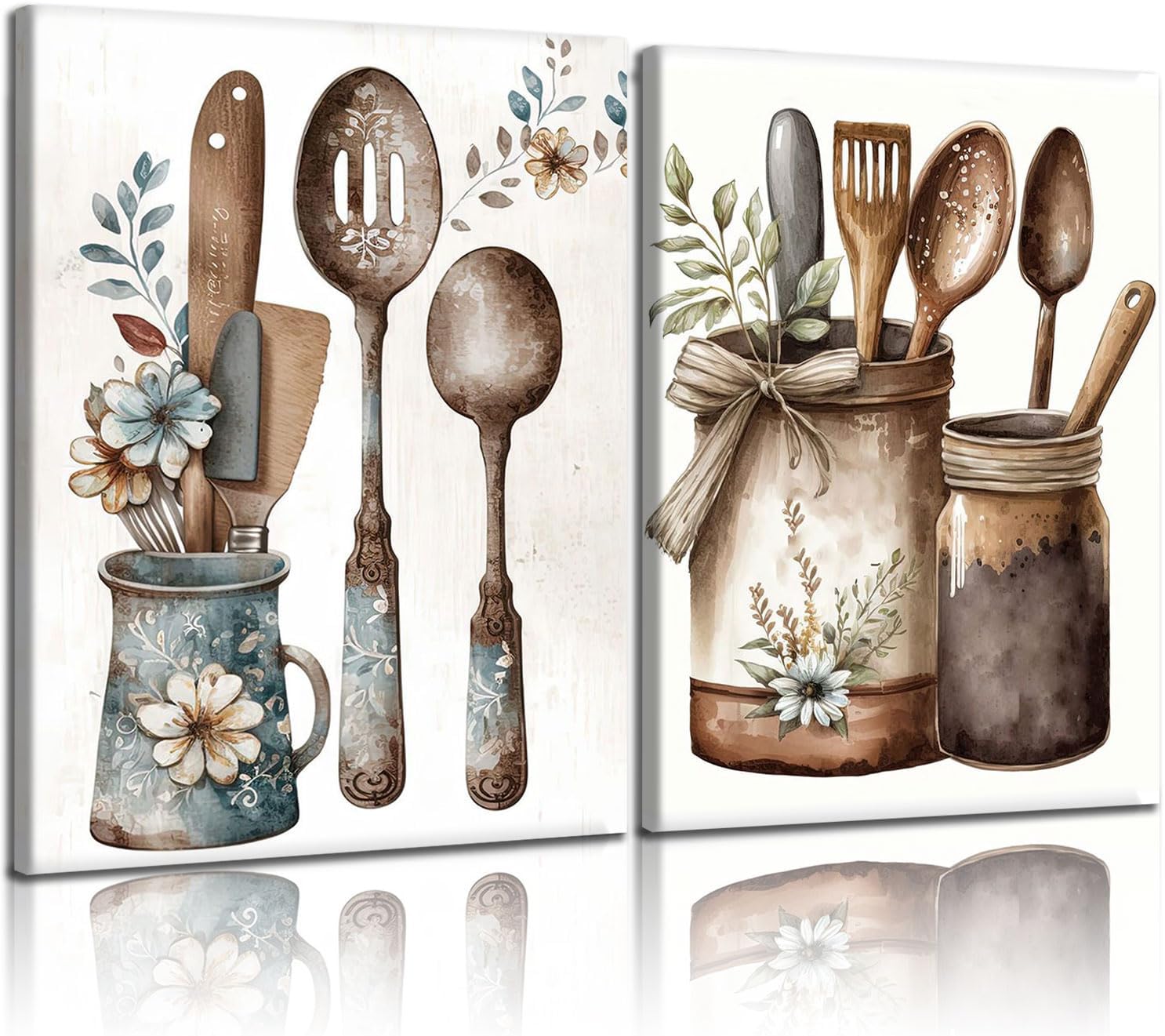 2 pcs Vintage Country Kitchen Wall Art Kitchenware Still Life Painting Decor Rustic Farmhouse with Cutlery and Jars Illustration Decors Painting for Kitchen Dining Room Living Room 16x24Inch Framed Retro Kitchen Frame 16x24Inch