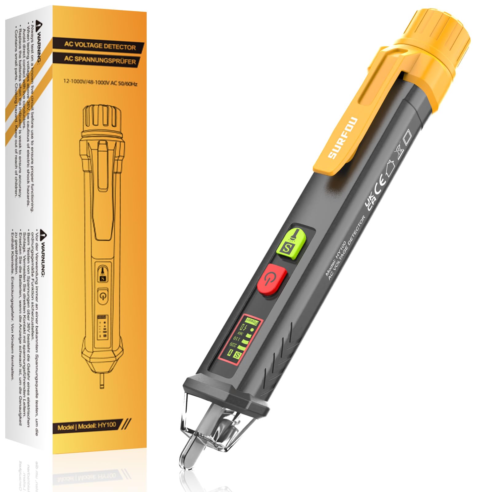 SURFOU Non-Contact Voltage Tester, Contactless Current Tester AC 12 V/48 V-1000 V with NCV, LED Light, Acoustic Alarm, Cable Break Finder and Live/Neutral Conductor Detection