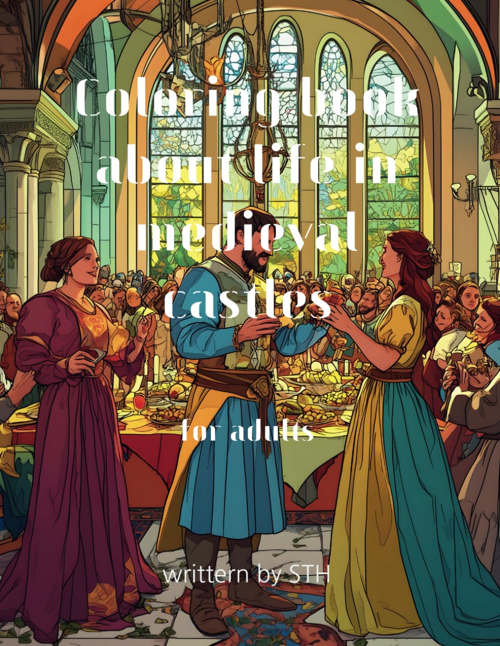 Coloring book about life in medieval castles for adults