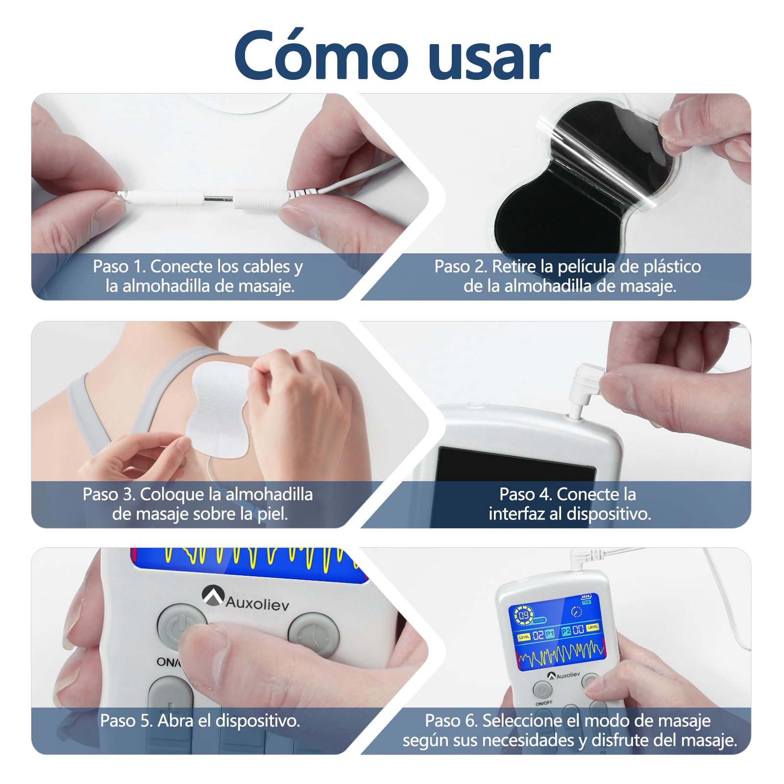Auxoliev TENS/EMS Electroestimulador Muscular, Dispositivo de Multiterapia y Rehabilitación con 25 Modos & 10 Electrodos, para aliviar el dolor muscular y fortalecer los músculos, con diseño patentado