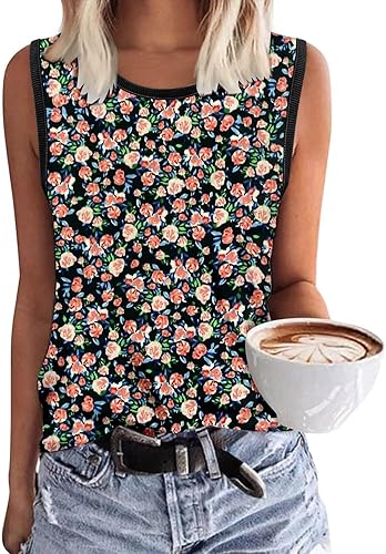 KISSMODA Womens Flora Print Tank Tops Ribbed Summer Shirt Sleeveless Summer Casual Women Blouses(S-3XL)