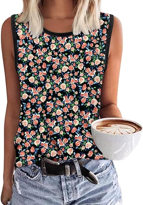 KISSMODA Womens Flora Print Tank Tops Ribbed Summer Shirt Sleeveless Summer Casual Women Blouses(S-3XL)