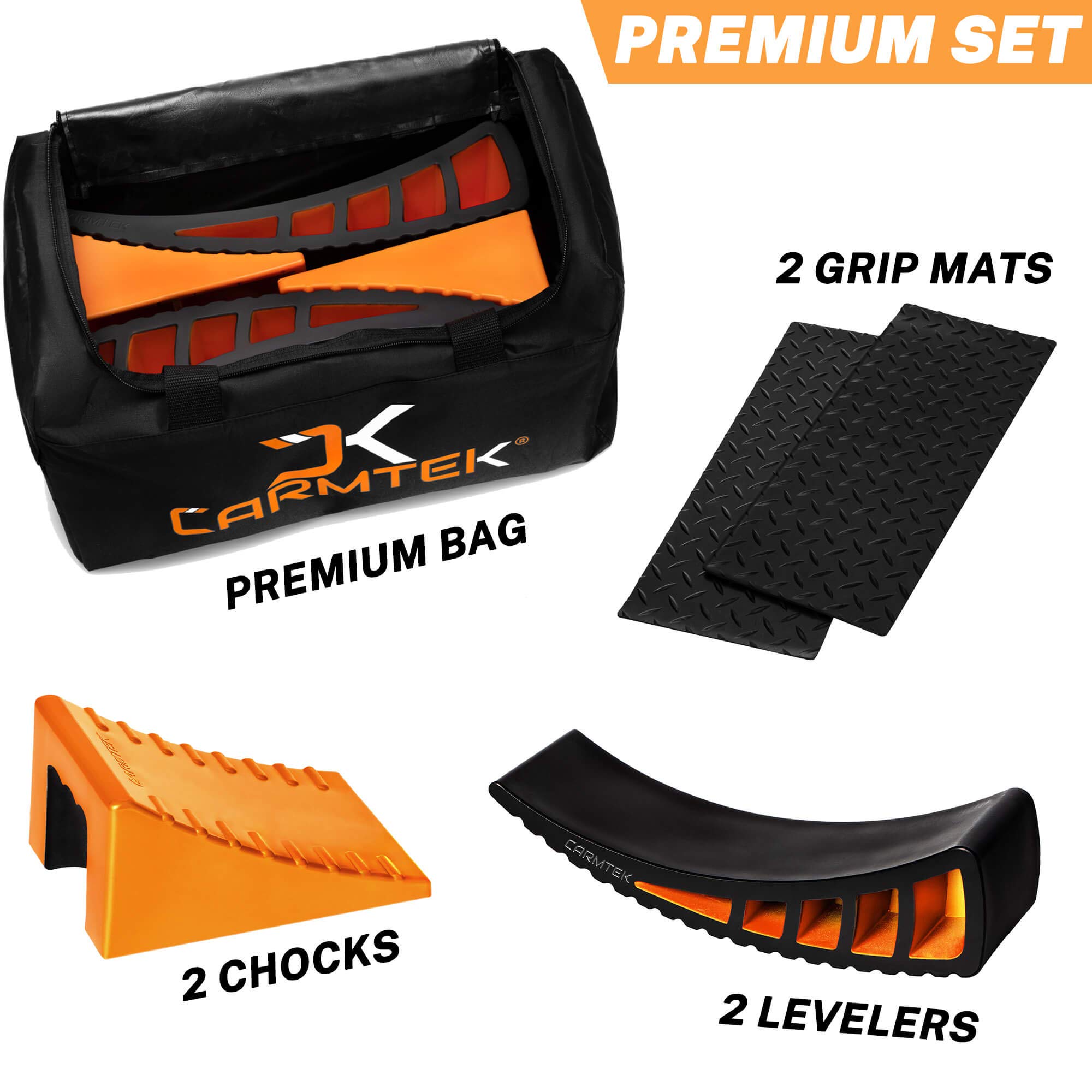 CARMTEK Camper Leveler Premium Kit Curved RV Levelers with Camper Wheel Chocks, Rubber Mats