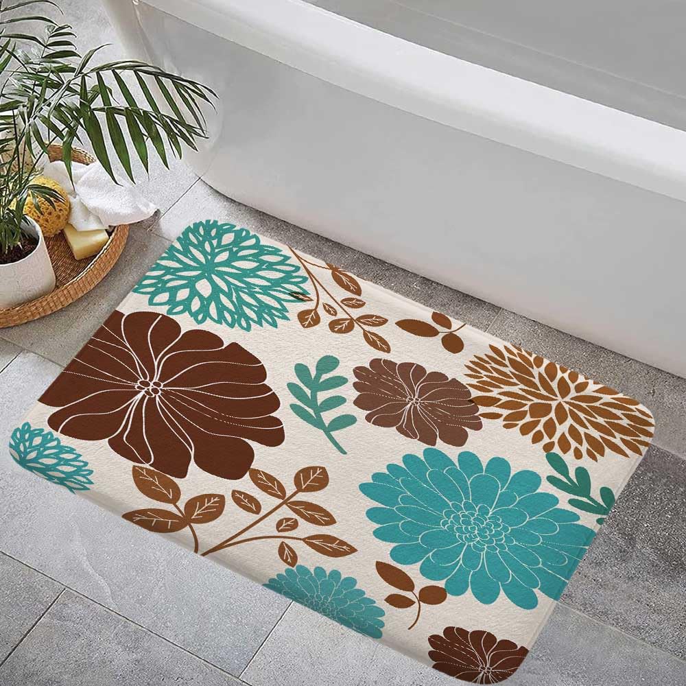DeeCabin Boho Teal and Brown Floral Bathroom Rugs, Turquoise and Tan Flower Bath Mats for Bathroom, Aqua Blue Bohemia Art Aesthetics Bath Rug, Kitchen