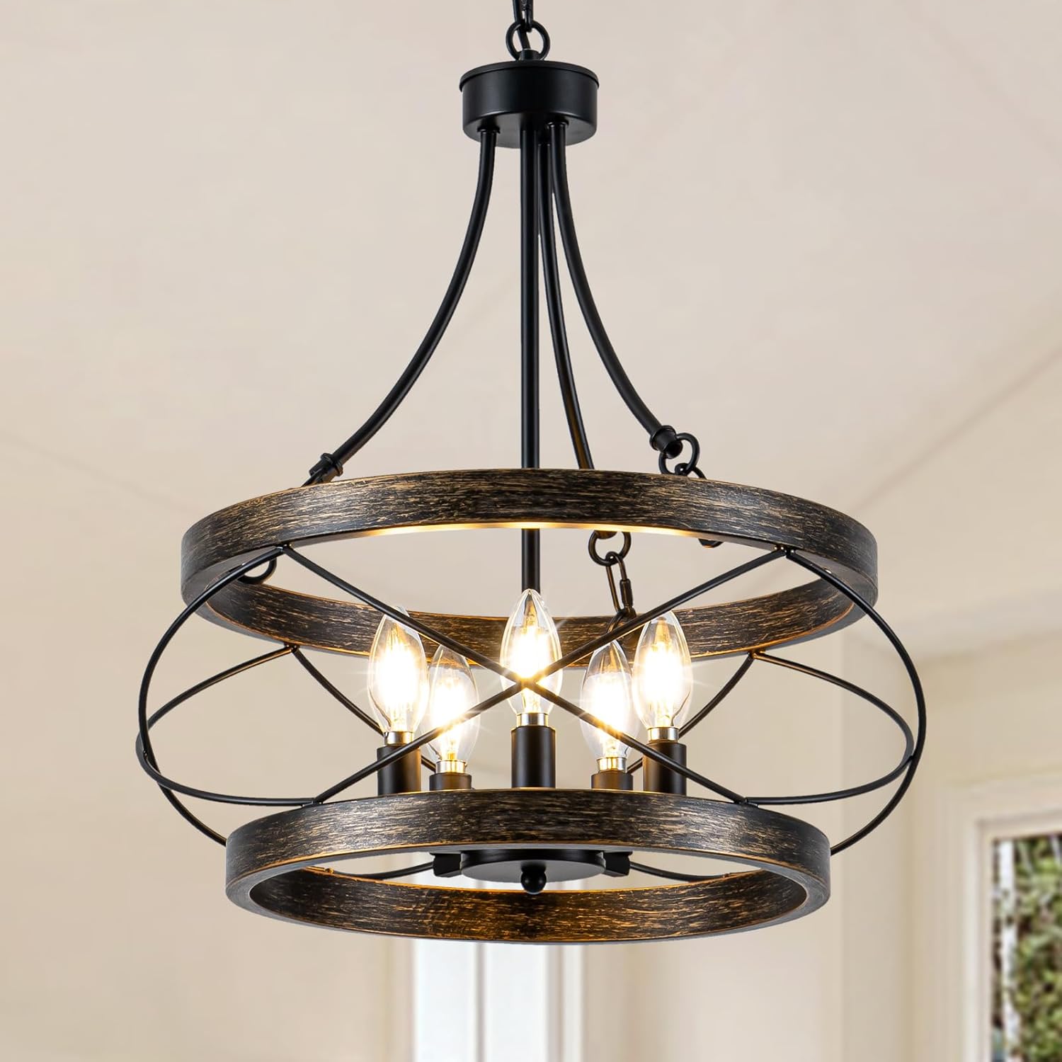 5-Light Farmhouse Chandelier, 17.72" Rustic Drum Dining Room Light Fixture, Bronze Chandeliers Hanging Pendant Lighting, Industrial Candle Chandeliers for Living Room Kitchen Entryway Bedroom