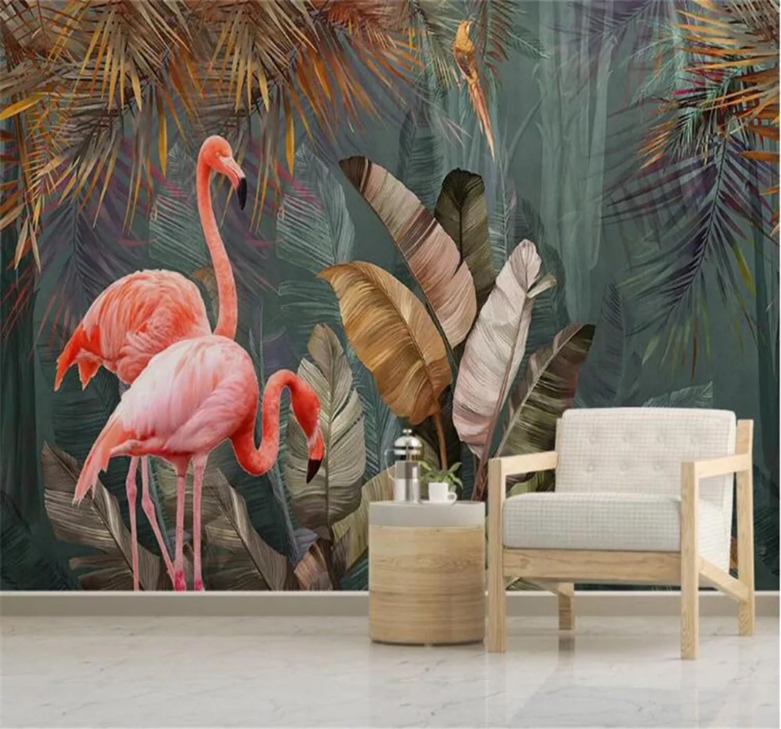 Tzxztt Minimalist Tropical Plants Forest Flamingos Modern 3D Wallpaper Premium Textured Silk Neutral Tones Material Ideal for Living Room Bedroom-430cm×300cm