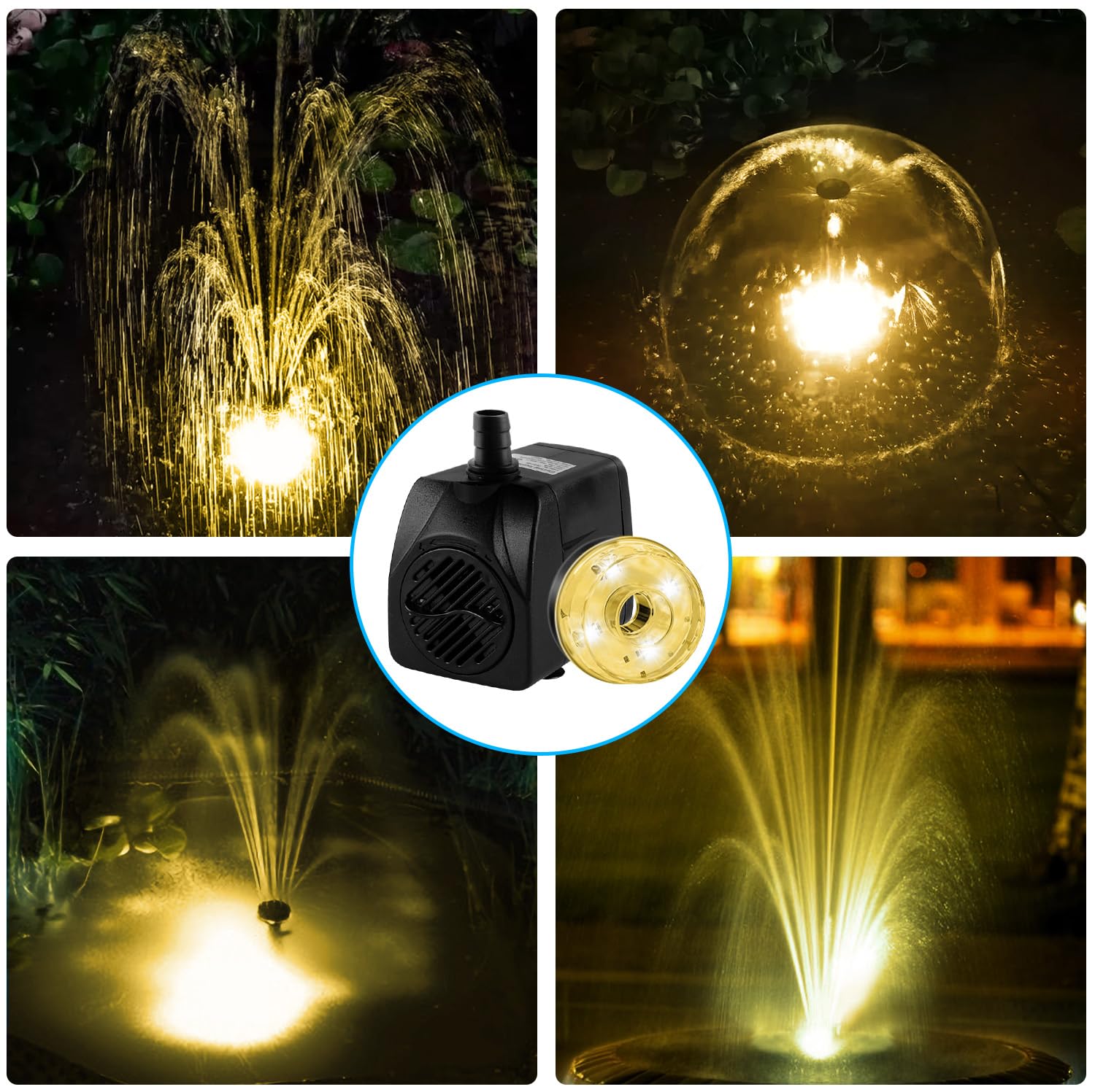 NATPOW Mini Bomba de Agua Sumergible con Luz LED 3000K, 15W 800L/H Bomba de Acuario con 3 Buses Boquillas, Cable 3M, Ultra Silenciosa Bomba para Acuario Fuente Estanque Estatuas