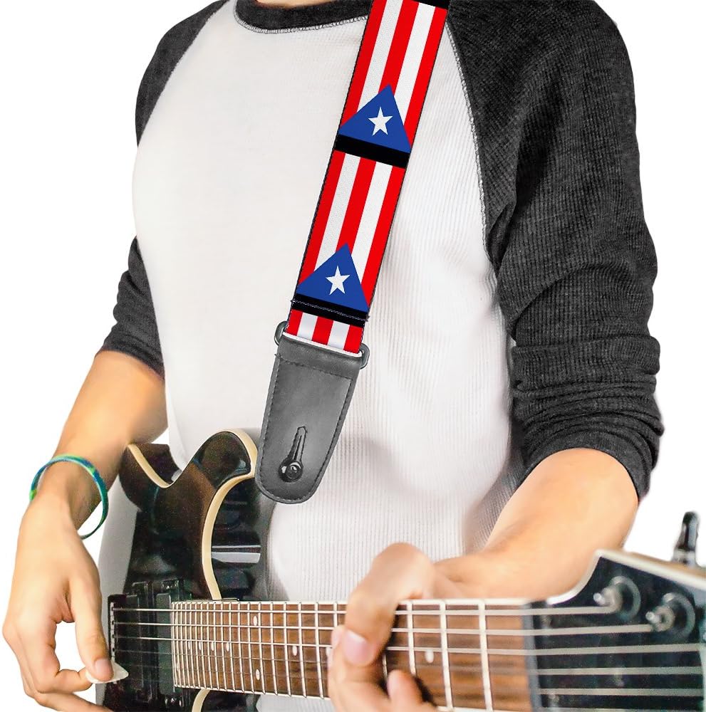 Buckle-Down Guitar Strap Puerto Rico Flag Repeat Black 2 Inches Wide