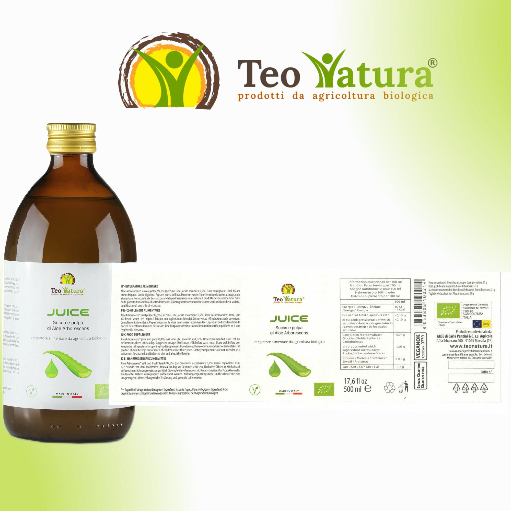 Teonatura Juice Succo e Polpa di Aloe Arborescens, Vitamina C - Detox Fegato Reni Intestino, Difese Immunitarie, Antiossidante, Antinfiammatorio Naturale, Senza Glutine - 500 ML