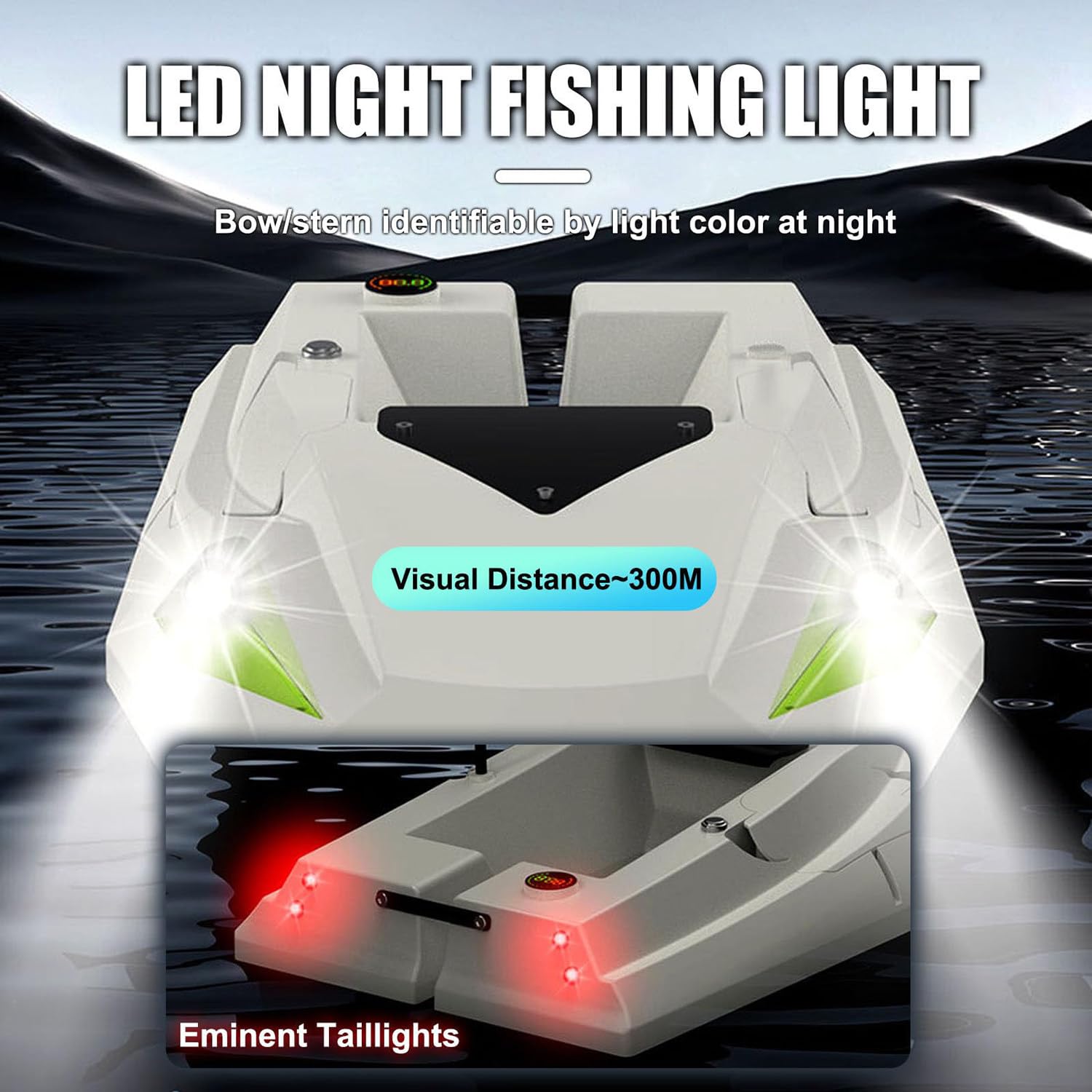 Barca da pesca con GPS, 2 batterie, luci notturne, posizionamento a 100 punti, ampio scomparto per capacità di carico di 2,5 kg, ideale per rilascio esche e ami da traina