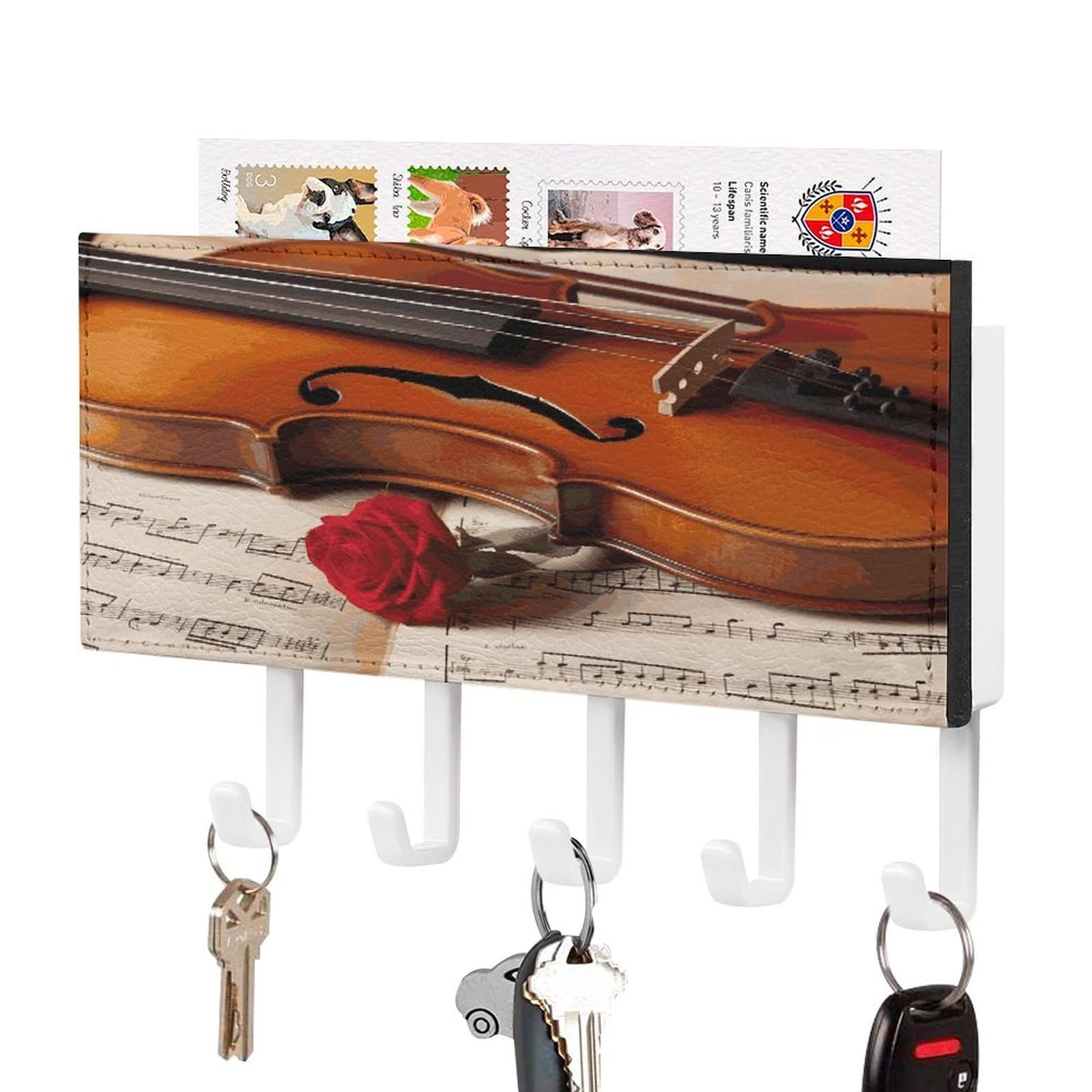 LDGSUPH Violin Sheet Music Key Holder Wall Mount Key Hanger with 5 Hooks Fashion Key Organizer Rack Hanging Key Hooks with Mail Organizer Key Rack for Home Entryway Hallway White-Style