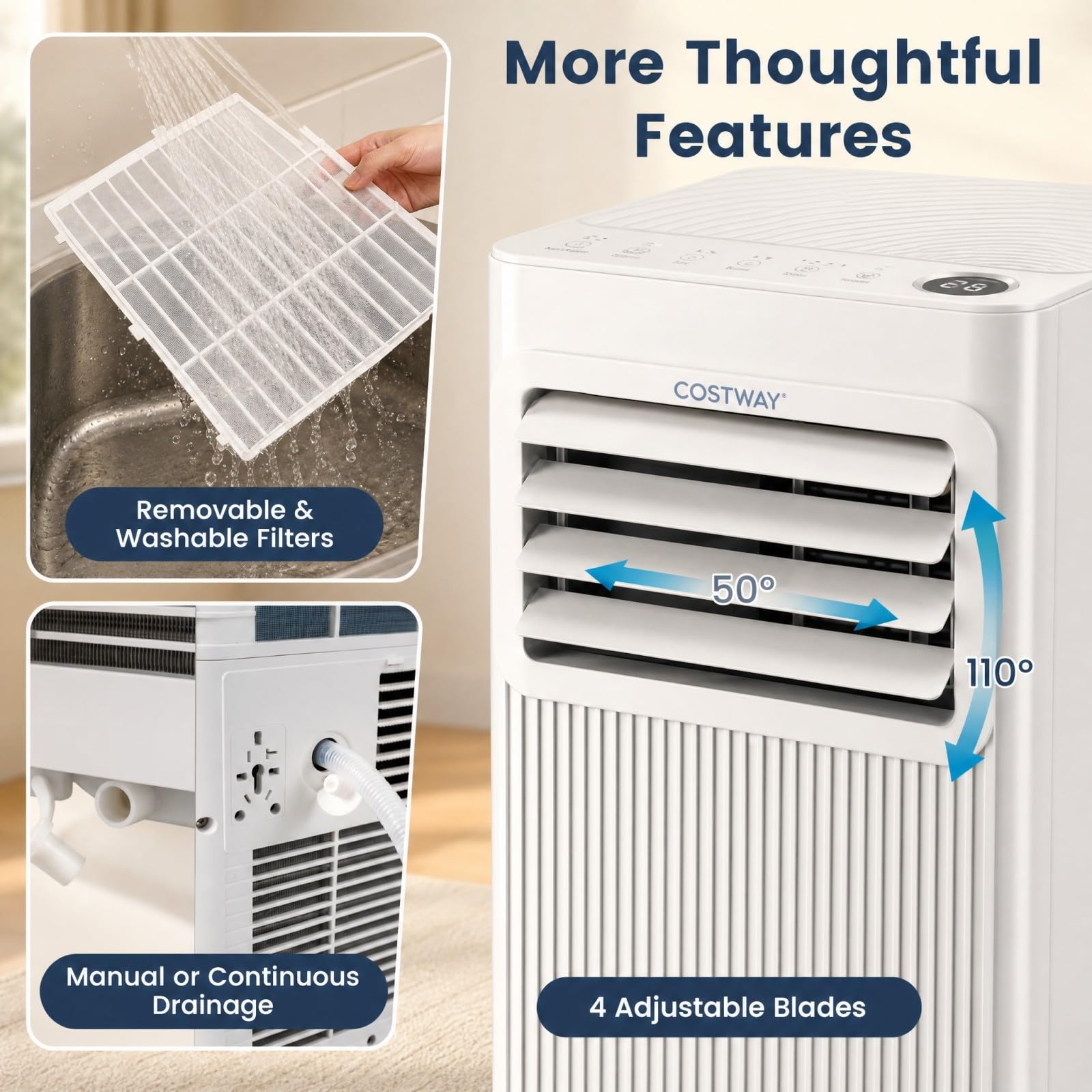 LIFEZEAL Climatiseur Mobile Silencieux, Climatiseur Portable, avec Refroidissement, Déshumidification, Ventilation, Mode Sommeil, Minuterie 24h, Minuterie 24h (9000, BTU, Style2)