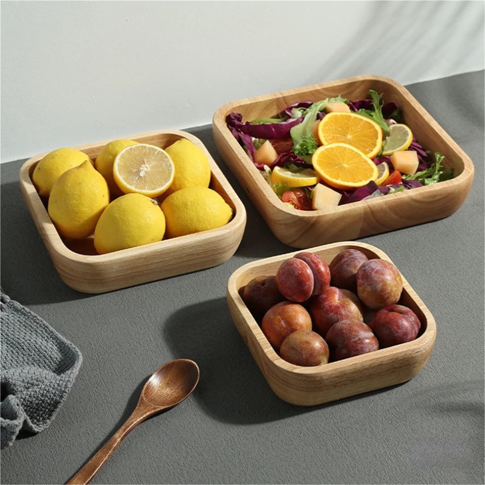 Ensaladera de madera maciza cuadrada roble, plato postre y fruta, vajilla(C 18x18x4.5cm)