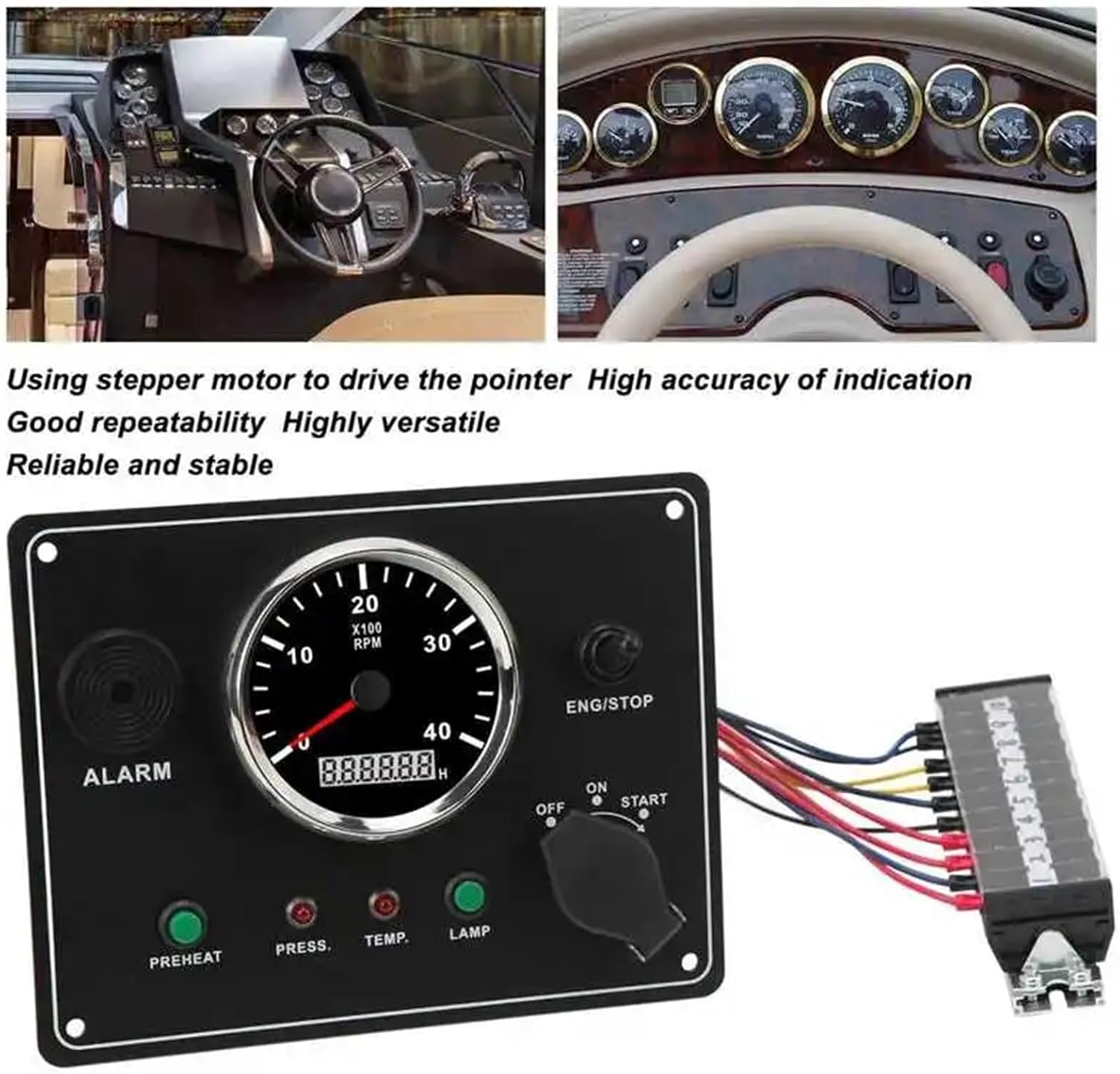 12V/24V Boat Instrument Panel Multifunction 4000RPM Red Backlit RV Switch Panel with Alarm Function for Marine Boat Yacht(12V)