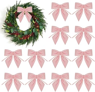12Pcs Velvet Ribbon Bows - 4x4 Inch Christmas Tree Bow for Xmas Tree, Wreath, Garland, Fireplace,Staircase, Window, Cabinet, Gift Wrapping Holiday Wedding Home Decoration Pink