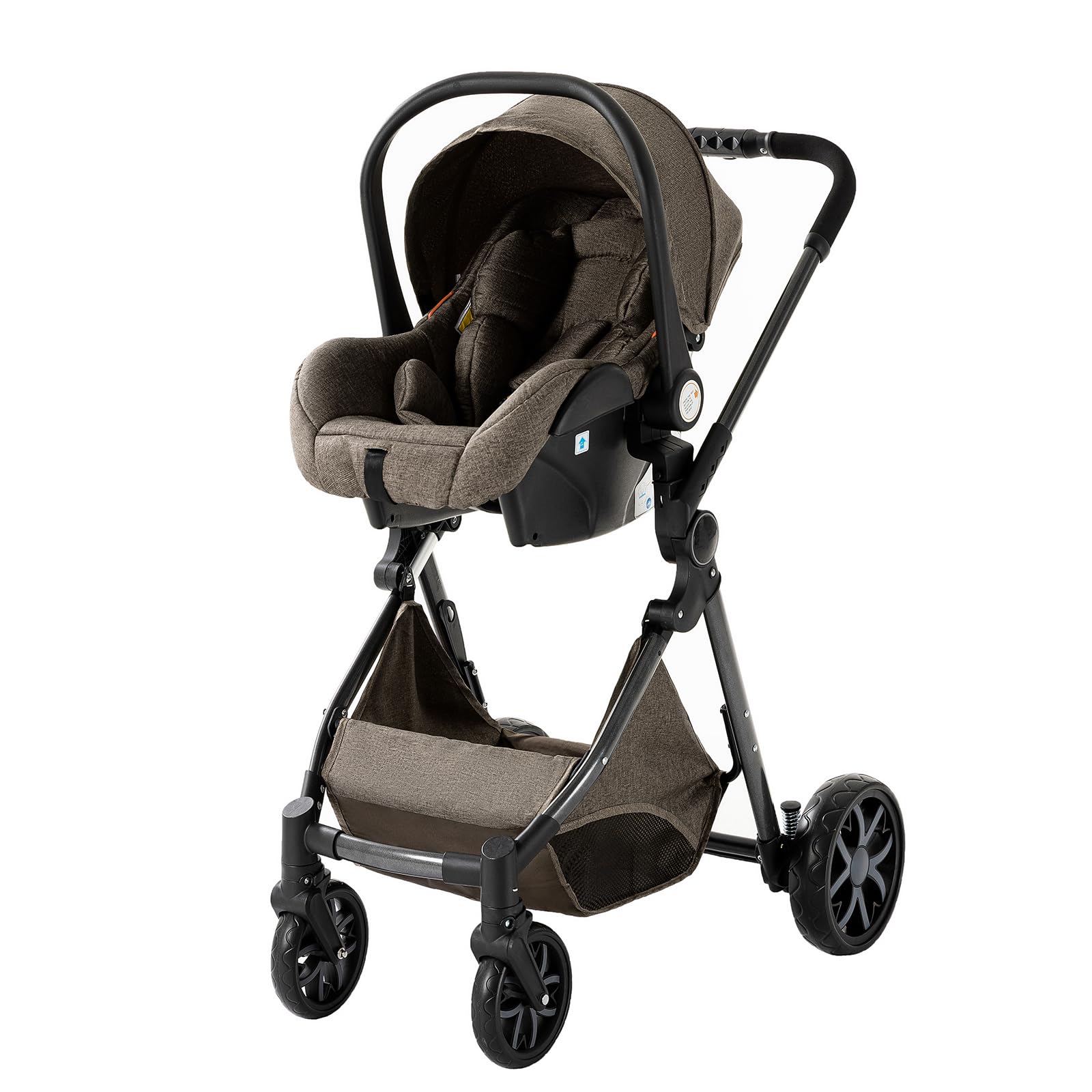 MoLi Passeggino Trio, Passeggino 3 in 1 con Doppia Modalità Push Reversibile, Trio Passeggino Neonati con Grande Navicella, Carrozzina per Neonati in Alluminio Pieghevole (225 Chocolate)