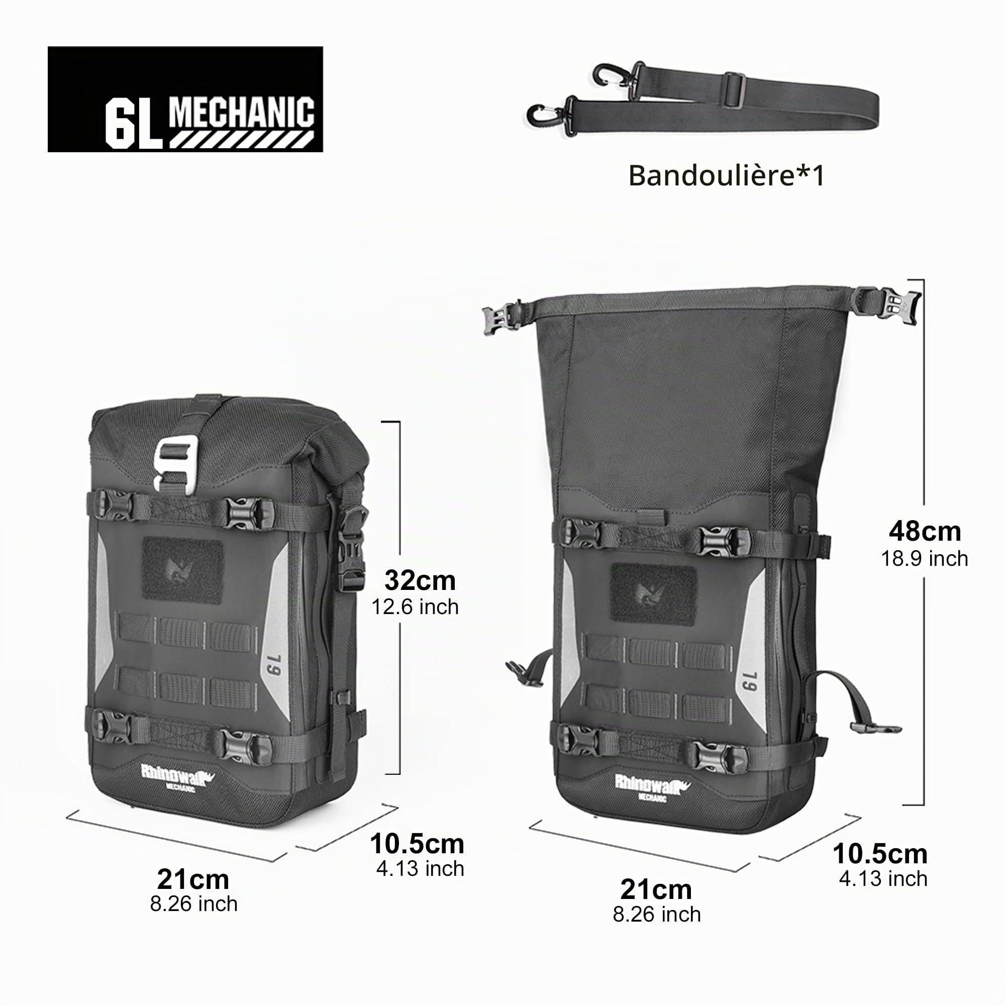 Rhinowalk Sac de Barre Anti-Chute de Moto Étanche Sac de Selle de Moto Sac Latéral 6L (Extensible à 7L) Motif de Feuilles Noires