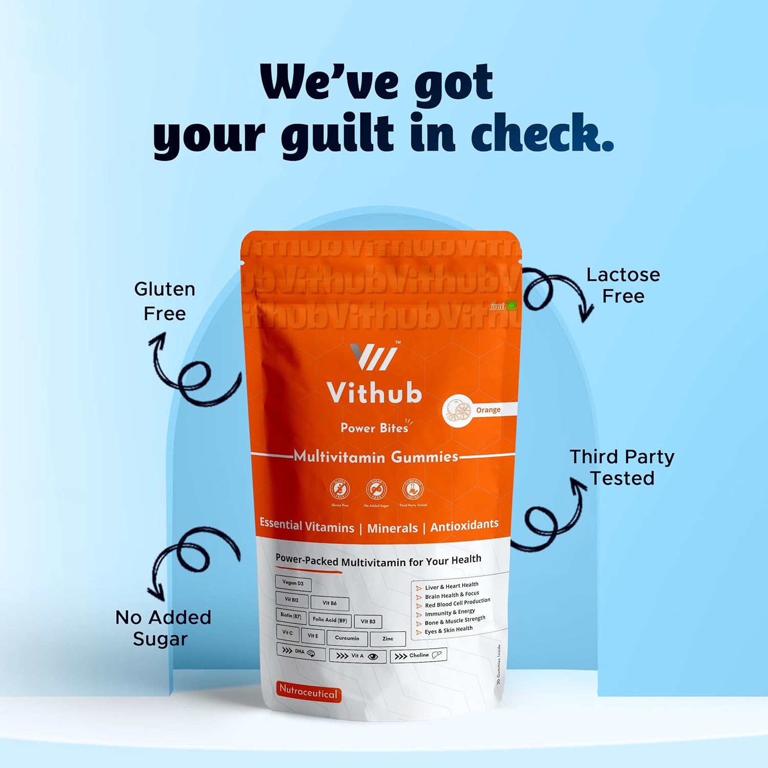 Vithub Multivitamin Gums for Daily Energy and Welfare | 30 days pack | Vitamin A, B Complex, C, D3, E, Zinc with zinc folic acid, DHA for brain, choline and curcumine. Zesty Orange Taste | Any couple sugar | One day Third party test | Vegetarian | NABL certified Vithub Multivitamin Gums for Daily Energy and Welfare | 30 days pack | Vitamin A, B Complex, C, D3, E, Zinc with zinc folic acid, DHA for brain, choline and curcumine. Zesty Orange Taste | Any couple sugar | One day Third party test | Vegetarian | NABL certified