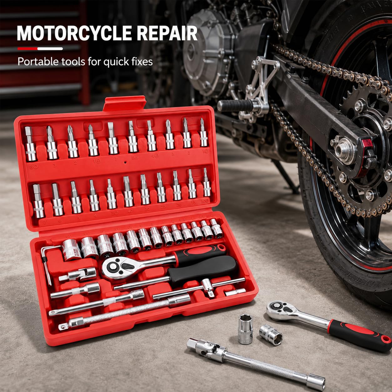 Juego de Llaves de Vaso para TVS Phoenix 125 2012-2016 | 46 Piezas Herramientas Completa | Universal Reparación de Coche Moto Bicicletas | Carracas de Liberación Rápida