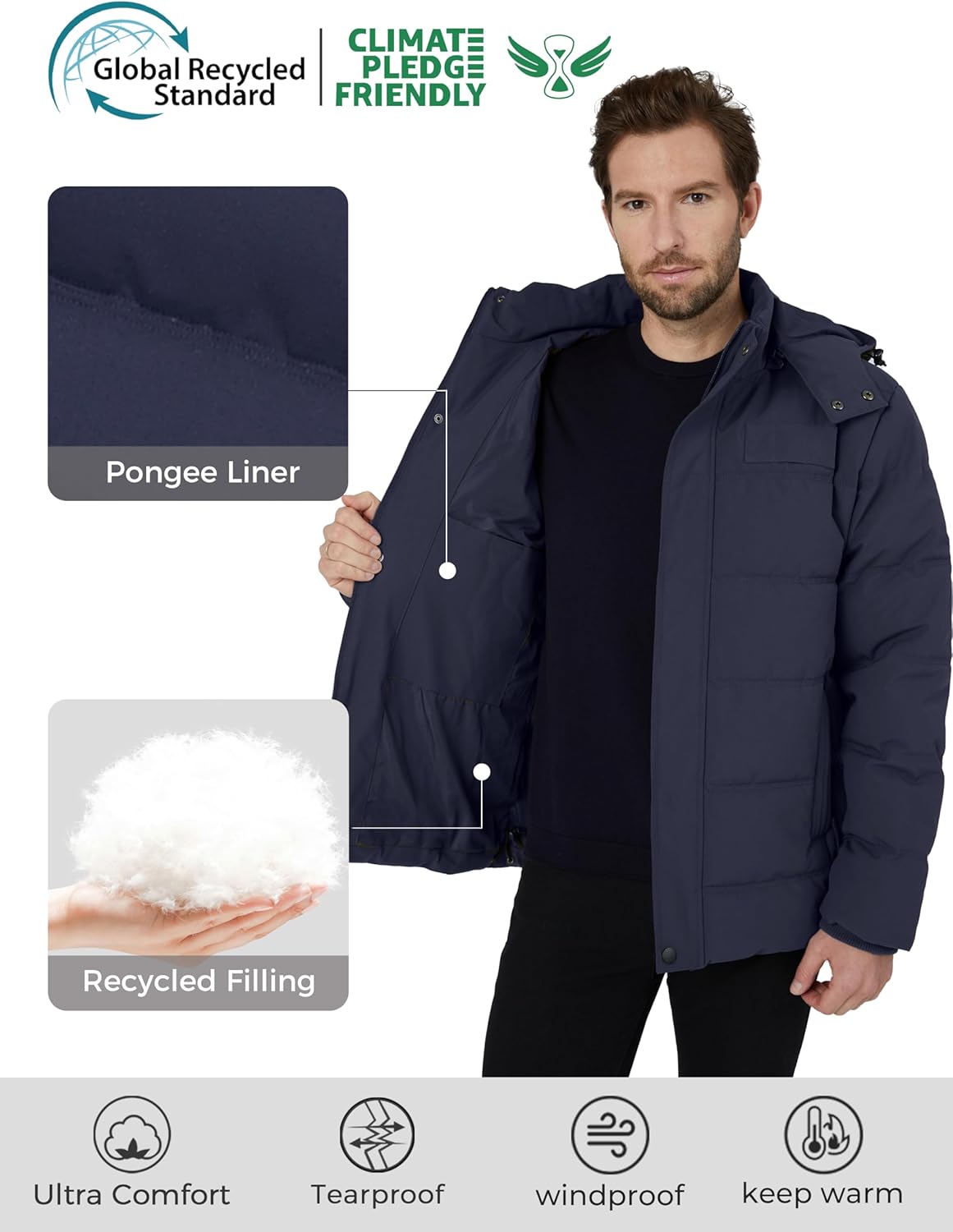 Wantdo Men's Hooded Winter Coat Warm Puffer Jacket Thicken Cotton Coat with Removable Hood - Image 4