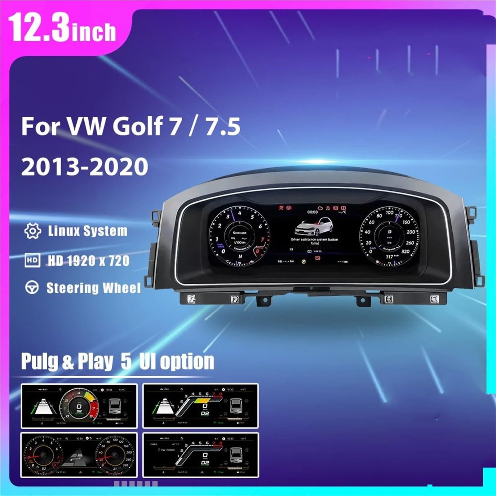 Tacómetro Compatible con VW Golf7 MK7 2013-2020. Compatible con HDMI, Carplay, radio, panel de instrumentos, cabina, LCD digital de 12,3 pulgadas.