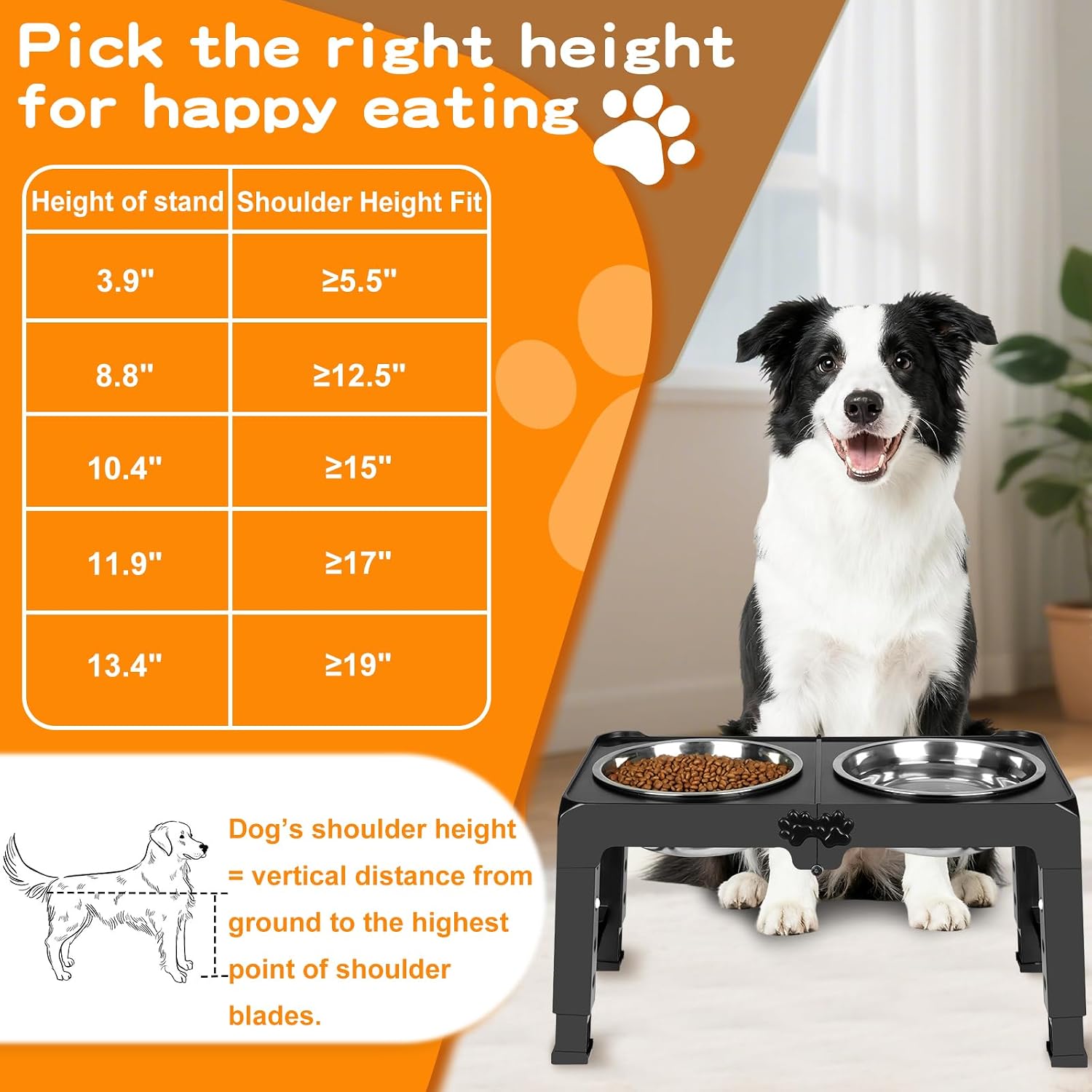 COMESOON Elevated Dog Bowls, 5 Adjustable Heights (3.9"-13.4") Raised Dogs Food Bowl Stand for Medium Large Sized Dogs, Non-Slip Foldable Travel Pet Feeder Black with Stainless Steel Bowls
