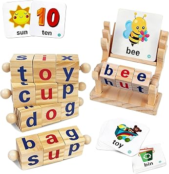Wooden Reading Blocks, 5 Sets of Short Vowel Rods and 40 Sight Words Flash Cards, Turning Rotating Letter Puzzle for Kids, Montessori Spelling Toy for Preschool Boys Girls Ages 3+