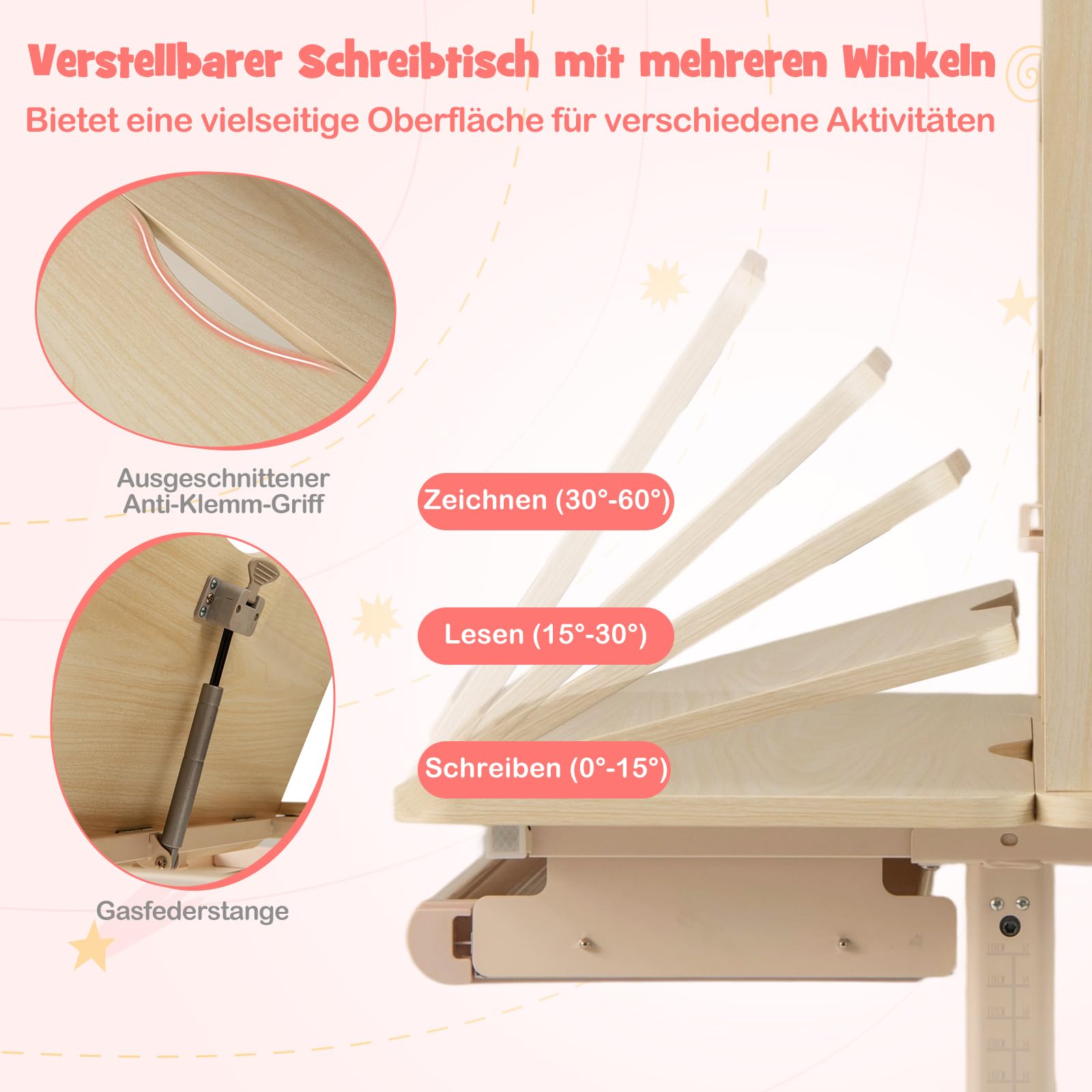 COSTWAY Biurko dla dzieci, 52-74 cm, z regulacją wysokości, z pochylanym blatem, stół dziecięcy z regałem, szufladą i stojakiem na książki, biurko dla dzieci od 3 lat (różowe)