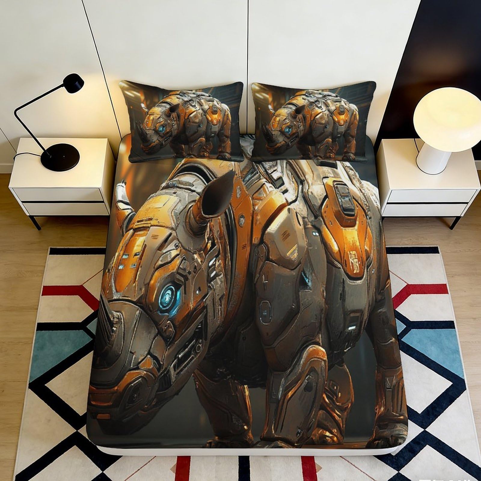 3D Printed Mechanical Rhino Fitted Sheet Microfiber Durable Soft 3D Printed Robot Bed Cover for Bedroom Dormitory Guest Room Mattress Protection 160x200x25cm