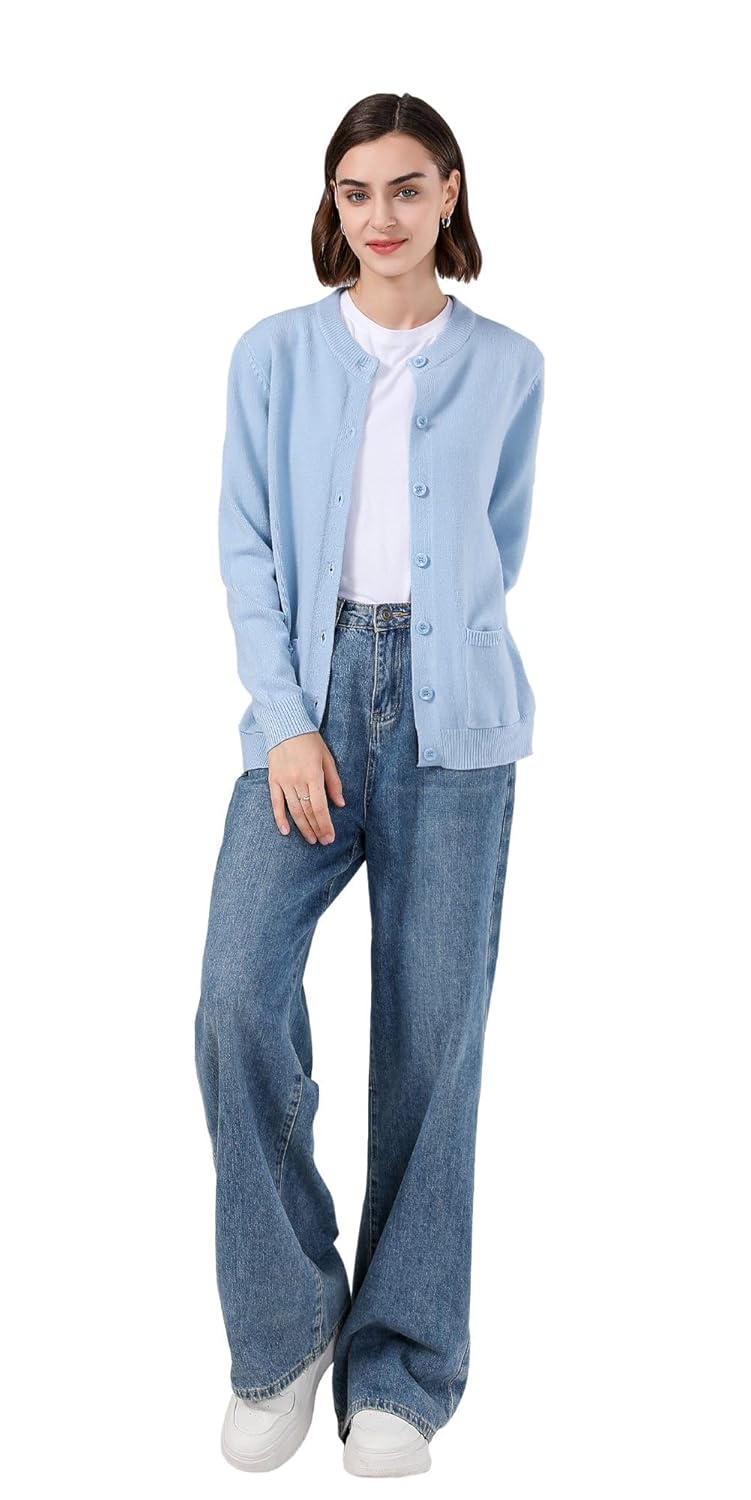 SMILING PINKER Women Cardigan Sweater Button Down Crew Neck Ribbed Knit Sweater with Pockets