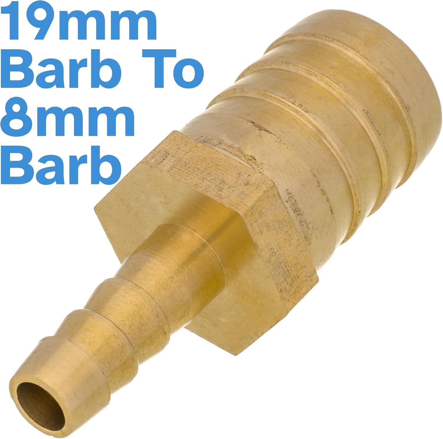 19mm to 8mm Brass Straight Barbed Pipe Fitting Connector Plumbing Hose, Barb Tubing Adapter Coupler Reducer Converter, Used to Connect Lines for Air, Water, Fuel, Oil and Inert Gases, 42069