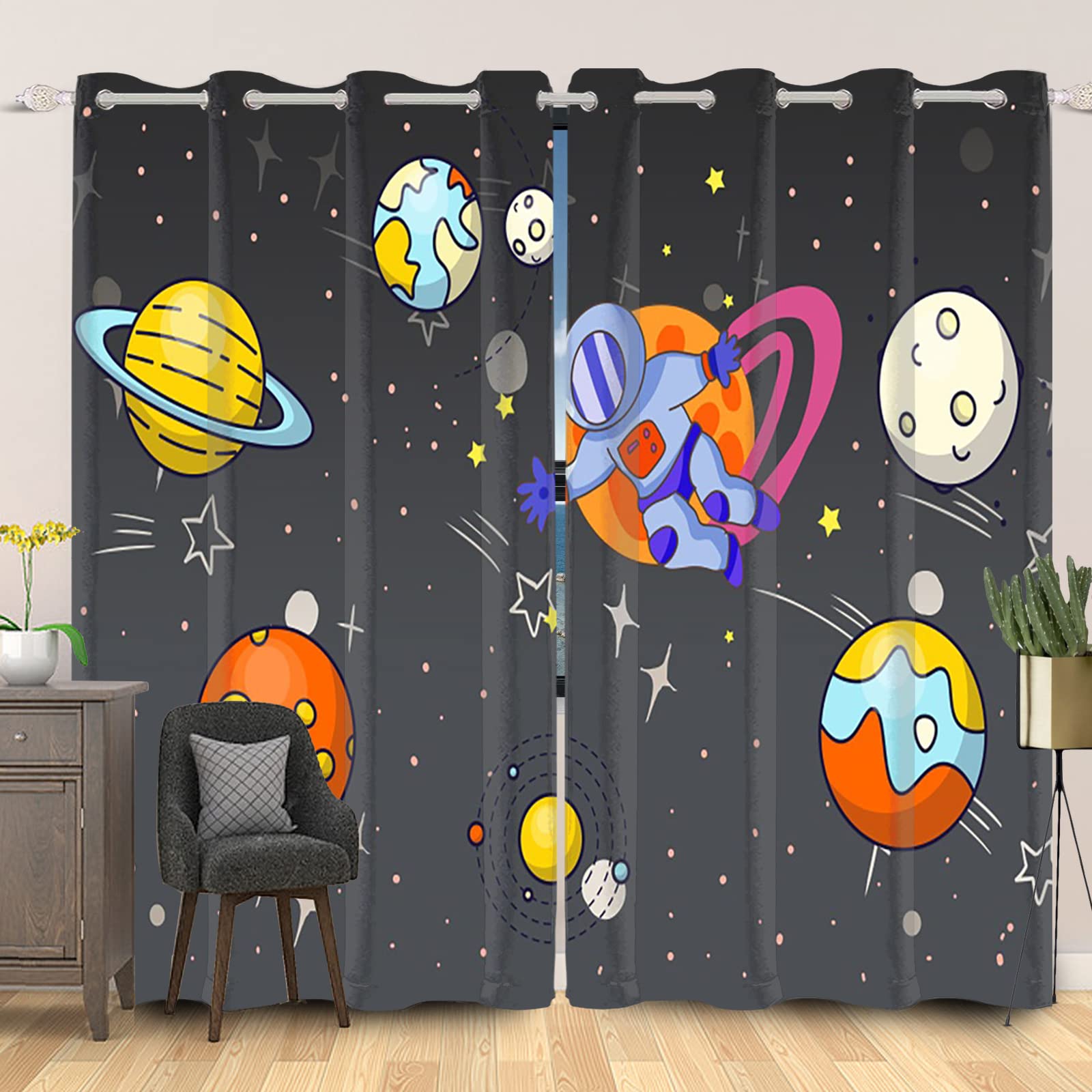 SDOTPMT 107x215cm Cartoon Planet Window Curtain Astronaut Outer Space Journey Starry Sky Window Drapes Hand Drawn Galaxy Kids Gift Window Treatment for Living Room Bedroom Curtains, 2 Panels