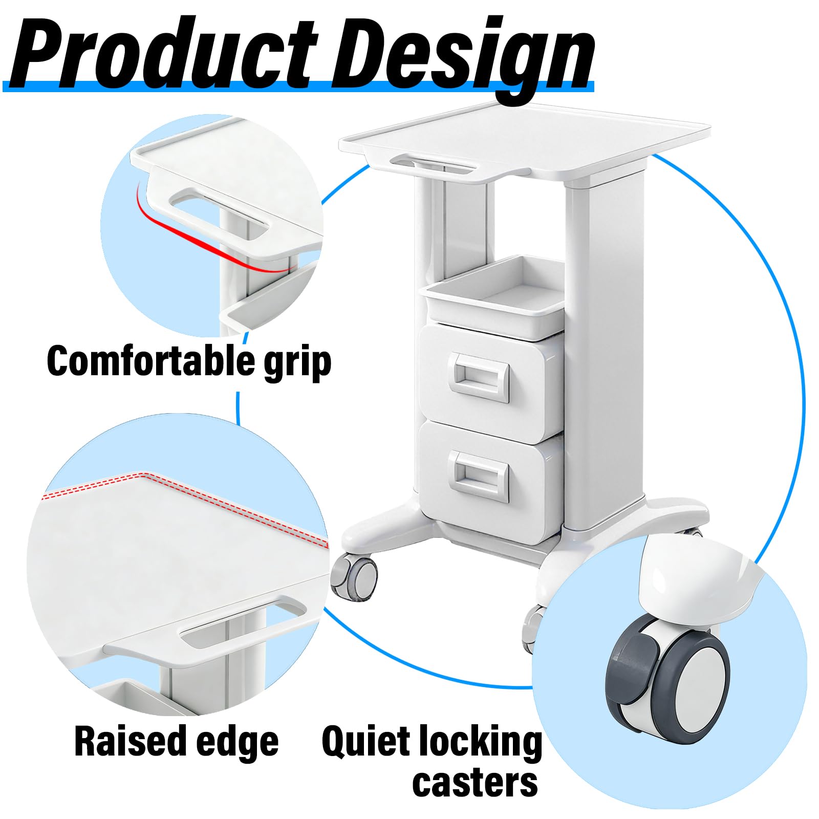 Carrello da Laboratorio a 3 Ripiani Portata 102kg, Carrello Medico con 2 Cassetti, 1 Vassoio e 4 Ruote, Materiale ABS per Clinica, Ospedale e Salone, Bianco (Bianco, doppio cassetto)