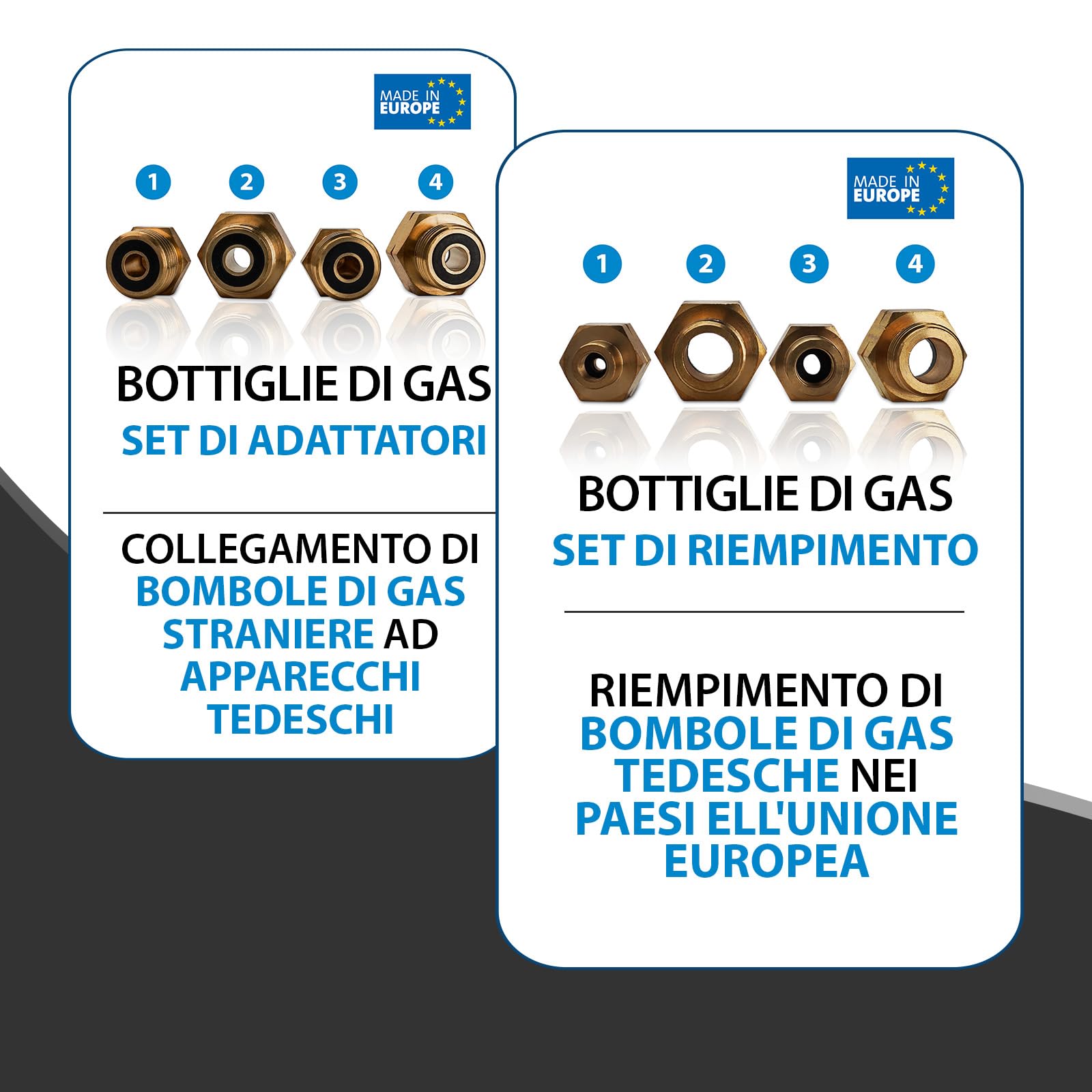 PELMOS Set di Adattatori Bombole Gas | 4 Pezzi - Per Ricarica Bombole Gas Tedesche in Europa I Chiaramente Etichettati I D1-D4