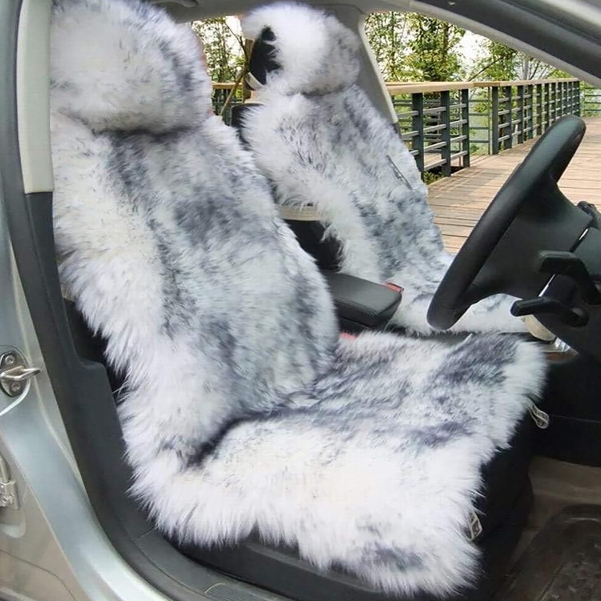 OKAYDA Genuine Australian Sheepskin Car Seat Covers, Fluffy Long Wool & Universal Fit for SUV/Truck/Van, Airbag-Safe Fuzzy Fur Car Seat Cover (Grey Tips)