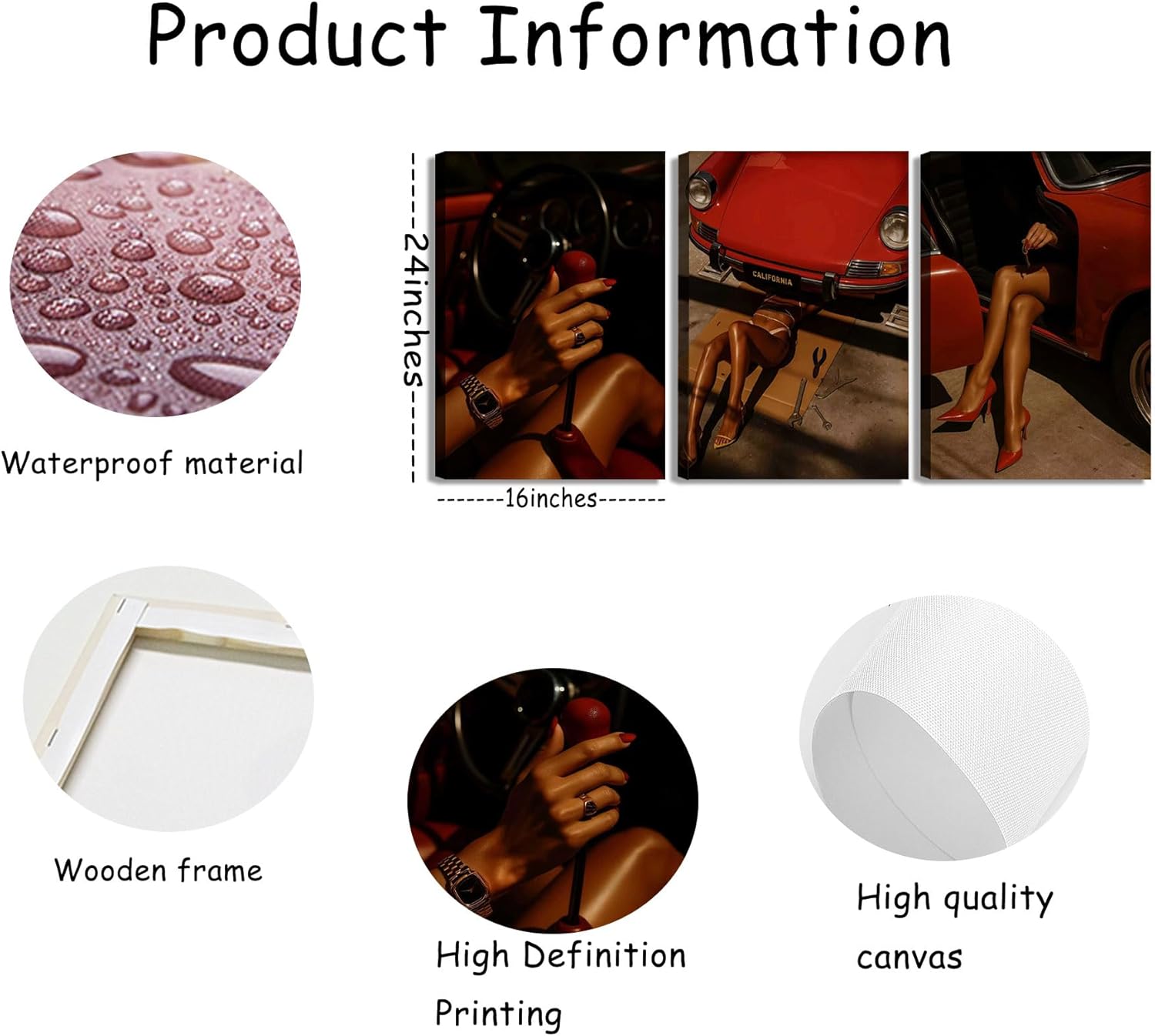 3Pcs Red Trendy Black Woman Canvas Wall Art Sexy African American Woman Painting Wall Decor Red Vintage Car Picture Print Artwork For bedroom living room and garage decoration 16x24in Framed