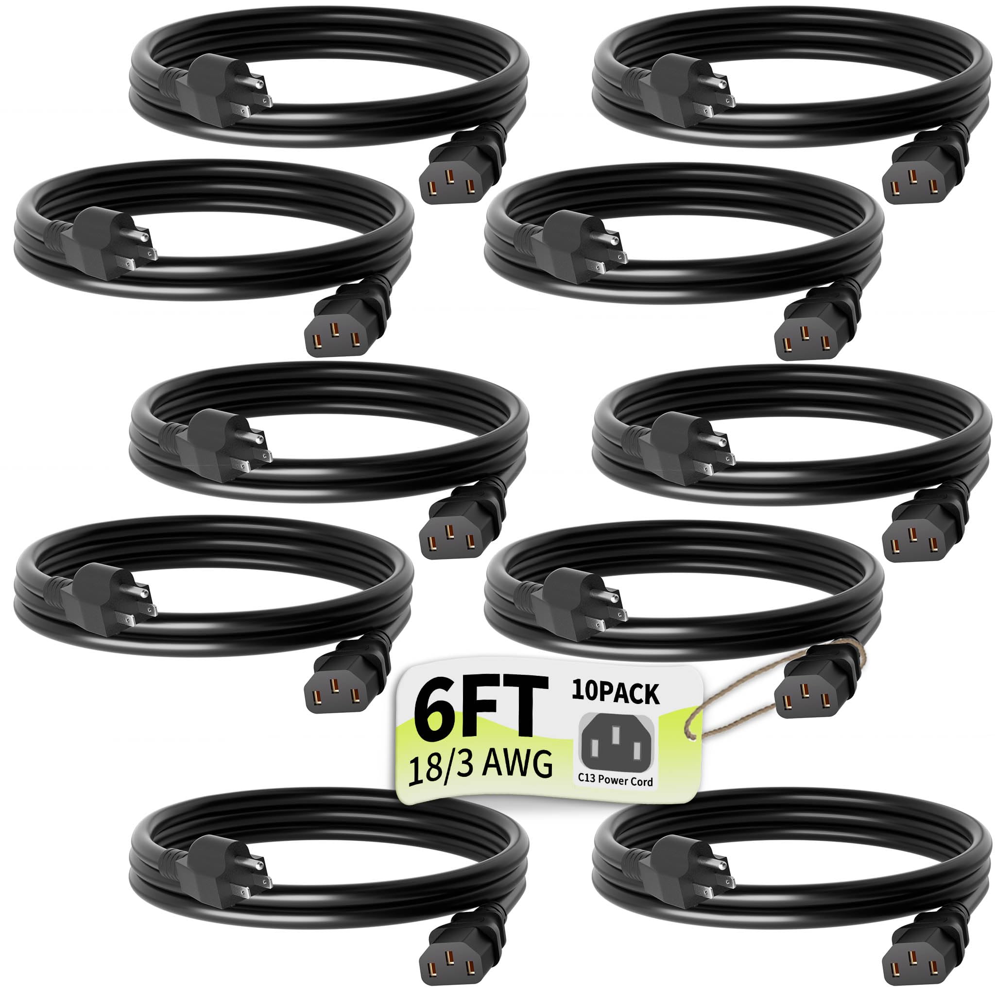 Vockjour Universal 6ft 10 Pack Power Cord, 3-Prong Pure Copper ETL, Black
