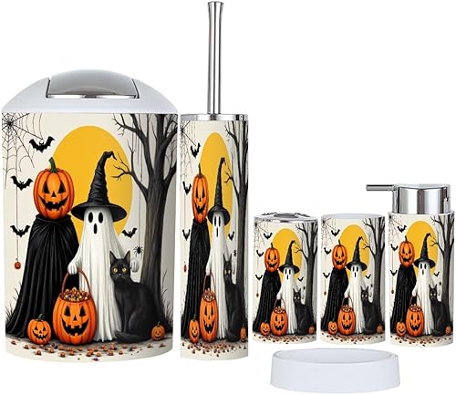 Juego de accesorios de baño, 6 piezas, brujas rústicas, fantasmas, calabazas, gato negro, calabaza, fantasma, bruja, soporte para cepillos de