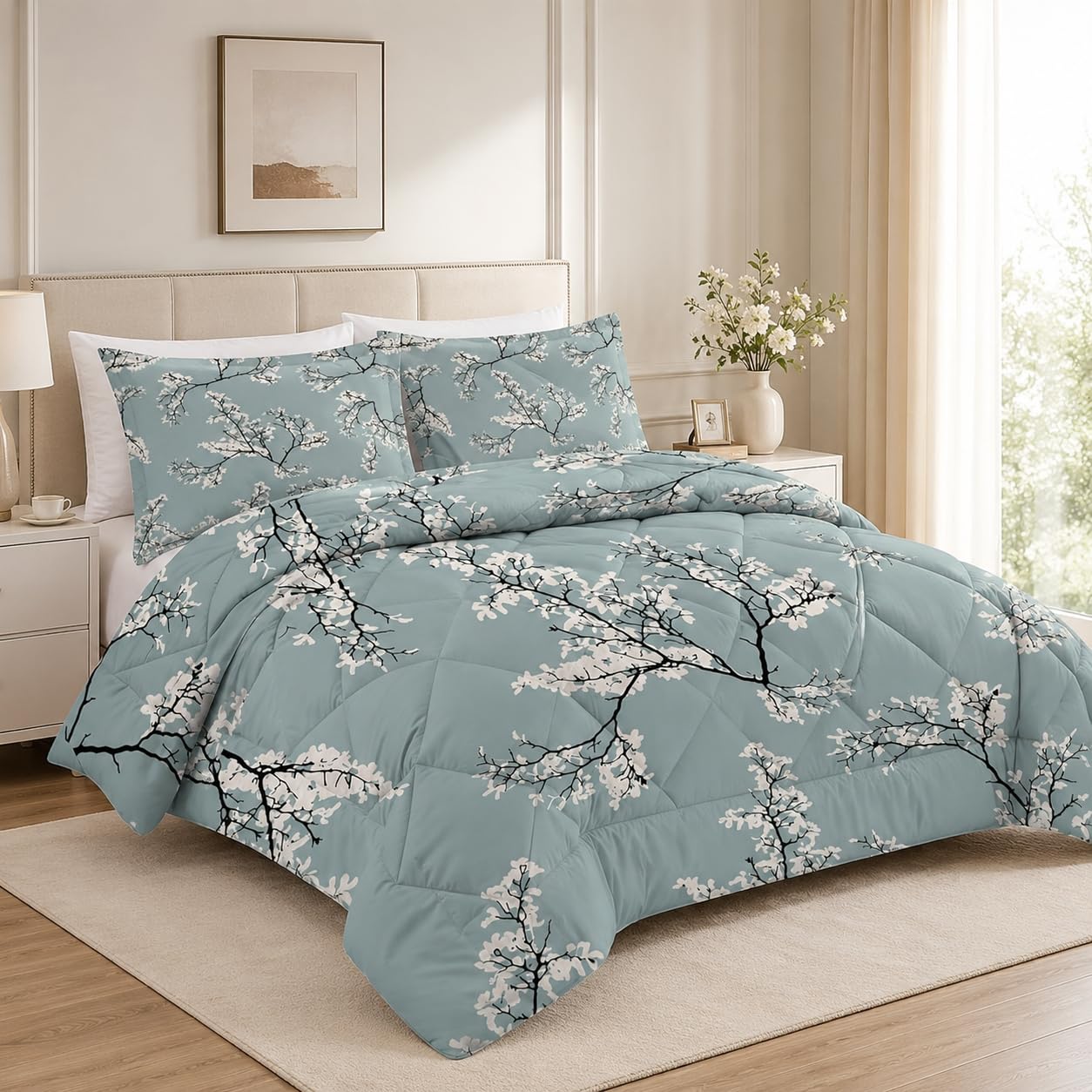 Couette 140x200 4 Saisons Ancien, Couette Imprimée Branche de Fleur, Couette 1 Personne Motif Floral, Lavable Couette sans Housse, Edredon Réversible avec 1 Taies d'oreiller G-373