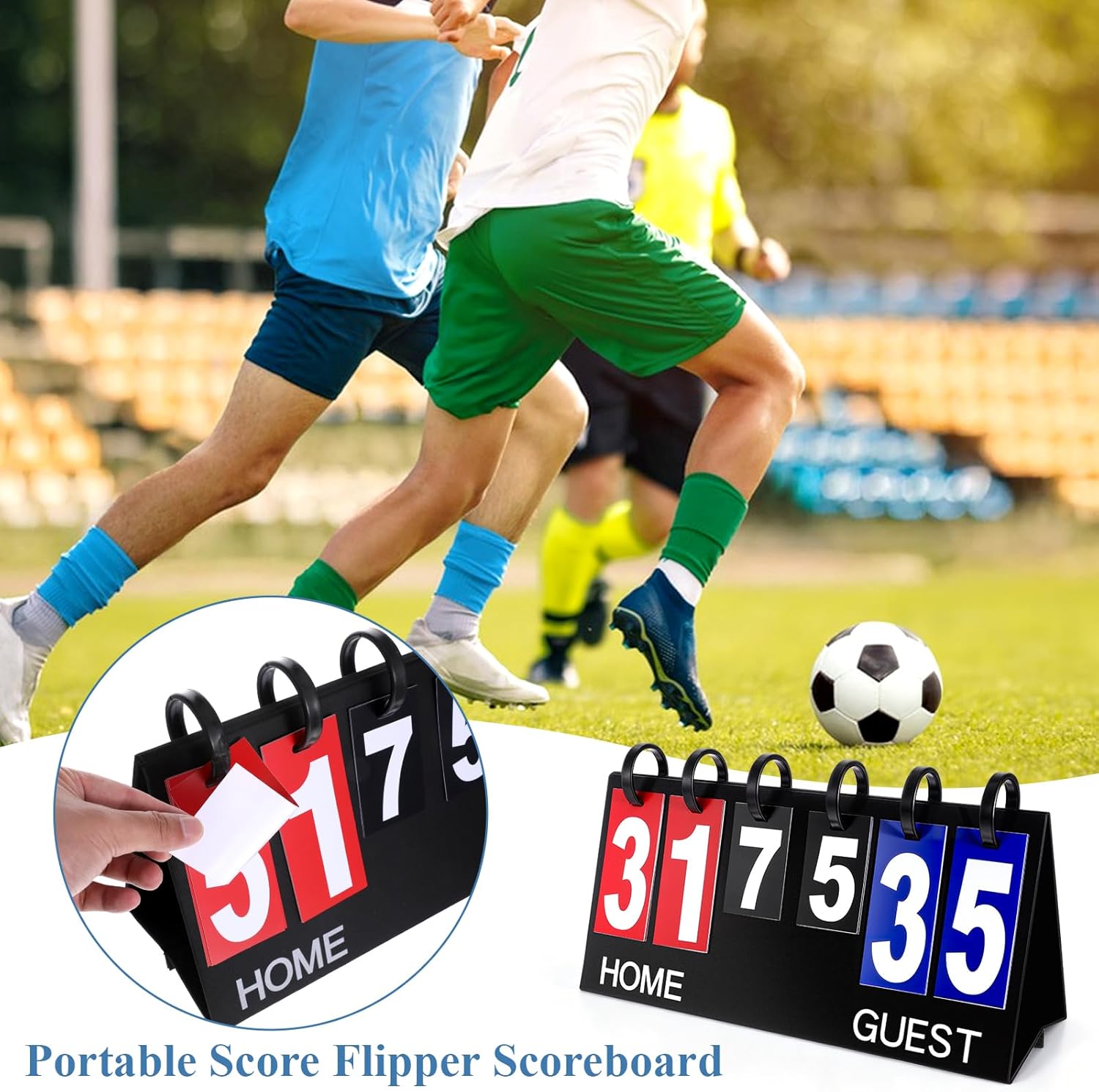 Portable Flip Scoreboard 6 Digits Tabletop Score Flipper Waterproof Flip Score Keeper Multi-Sport Scoreboard Flipper PVC Manual Scorekeeper for Indoor Outdoor Basketball Tennis Volleyball Soccer