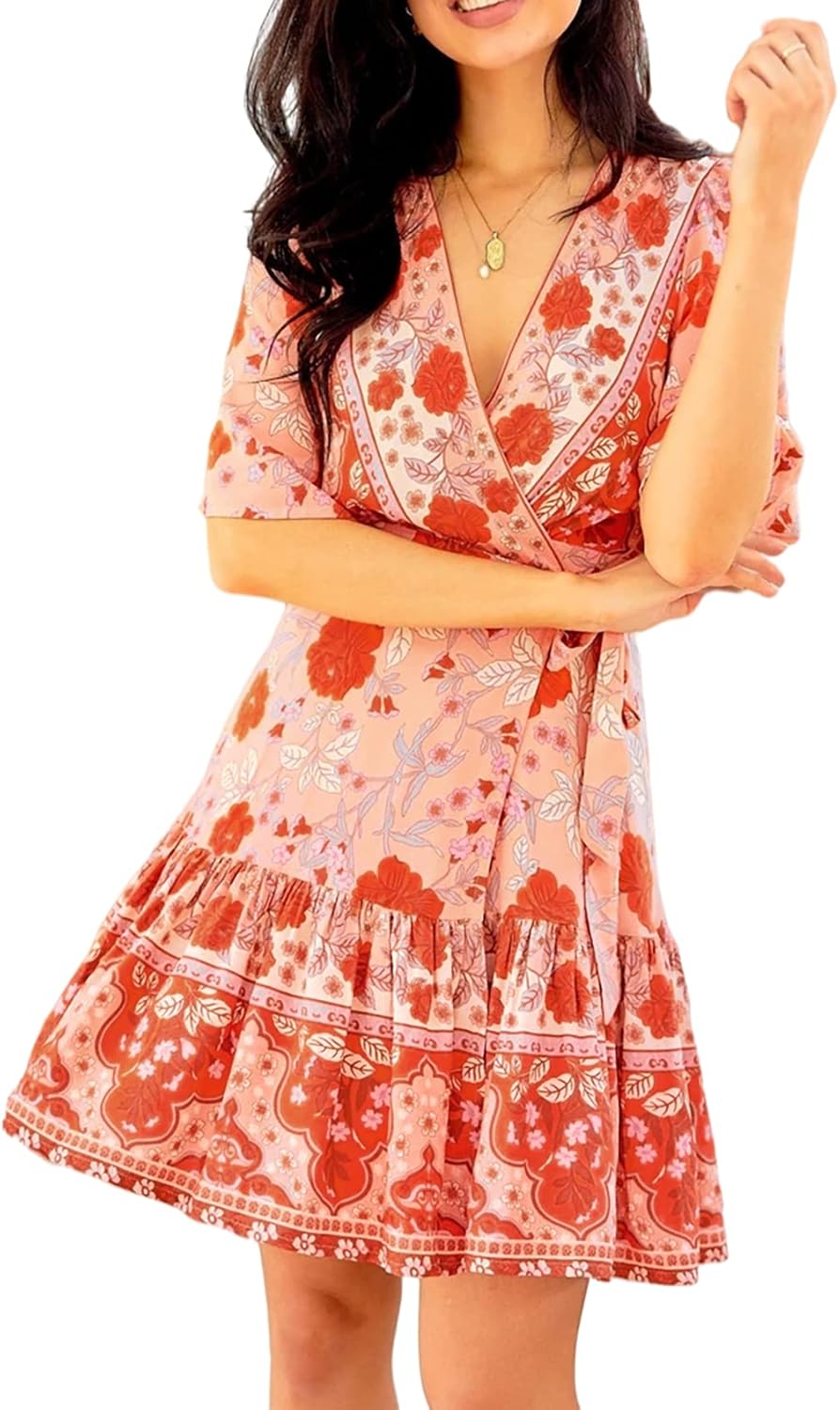 R.Vivimos Women Summer Short Sleeve Casual Bohemian Beach Ruffle Floral Print Bow Tie Short Sun Dress