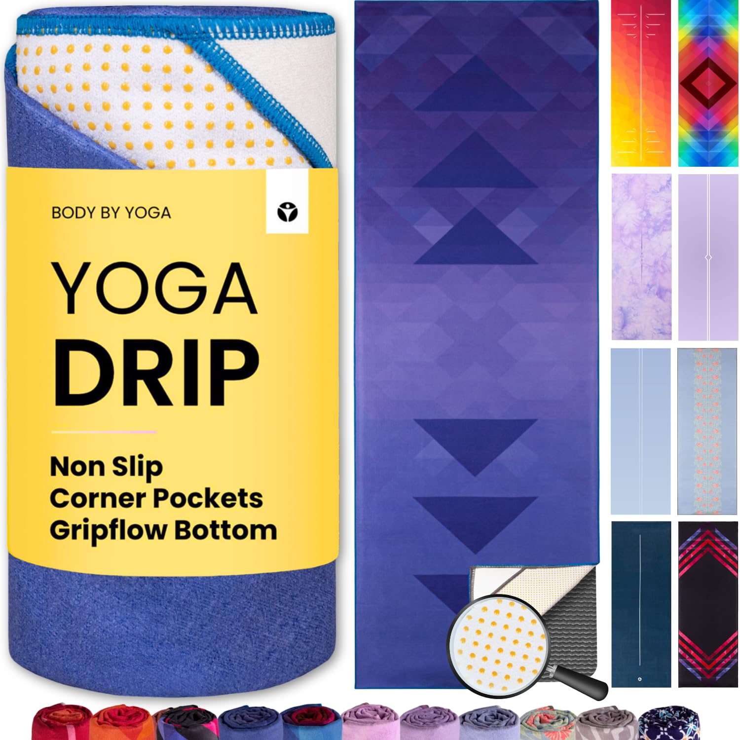 Yoga Grip - Toalla de yoga antideslizante con bolsillos en las esquinas, agarre antideslizante y líneas de alineación integradas, suave, absorbe la humedad y absorbe el sudor, no se amontona, se