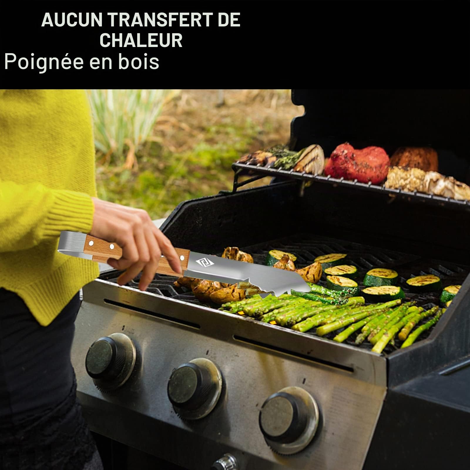 Pince à gril pour barbecue extérieur, Outil de gril de 43 cm de long, ustensile de barbecue en métal, manche en bois, outil de barbecue amusant pour griller