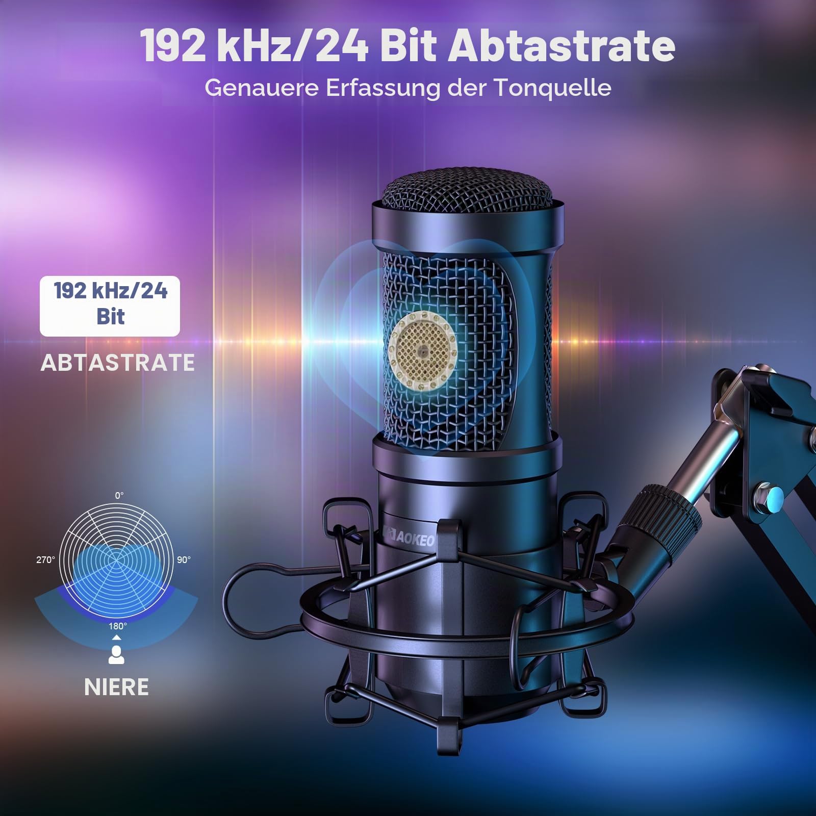 aokeo USB Mikrofon, 192kHZ / 24bit Podcast-Mikrofonsets mit Mikrofonständer, Stoßdämpferhalter, Windschutzscheibe, Popfilter, für Rundfunk, Aufnahme, YouTube,Podcasts