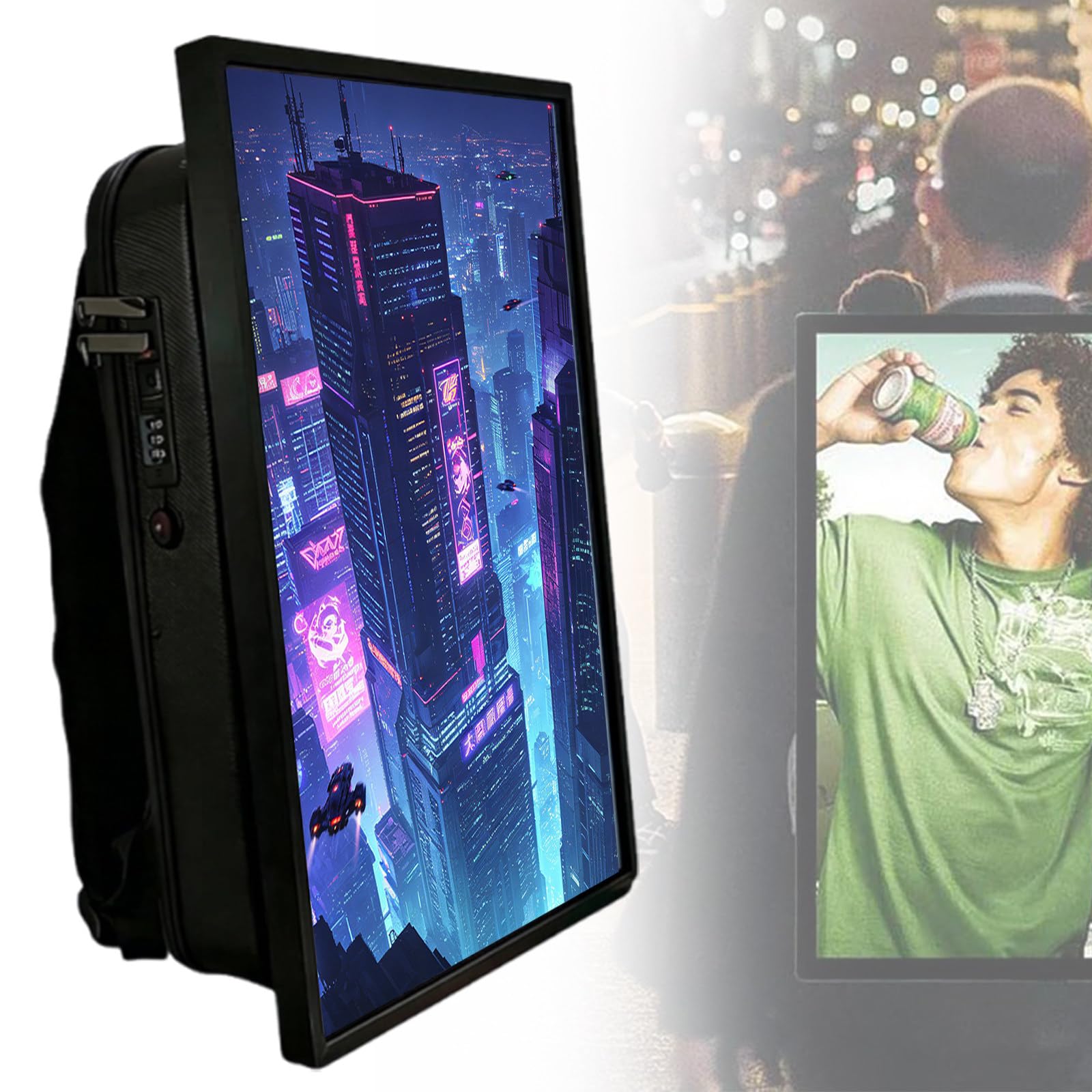 Giuggiolared 21.5 In Touch Advertising Digital Backpack with 2K LCD Backpack Screen Support Usb/App Remote Input Android 2G+32G, for Auto Ads Playback