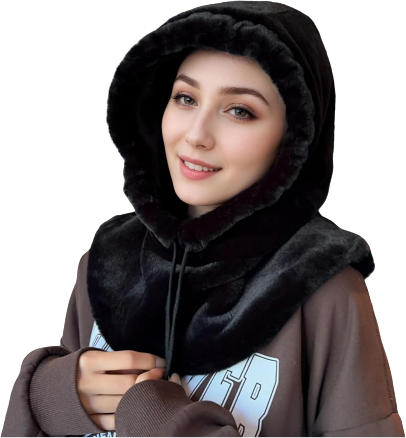 Ski Hooded Scarf One-Piece Warm Plush Winter Hat Windproof Balaclava Hood for Women Neck Warmer Beanie Pullover Cap