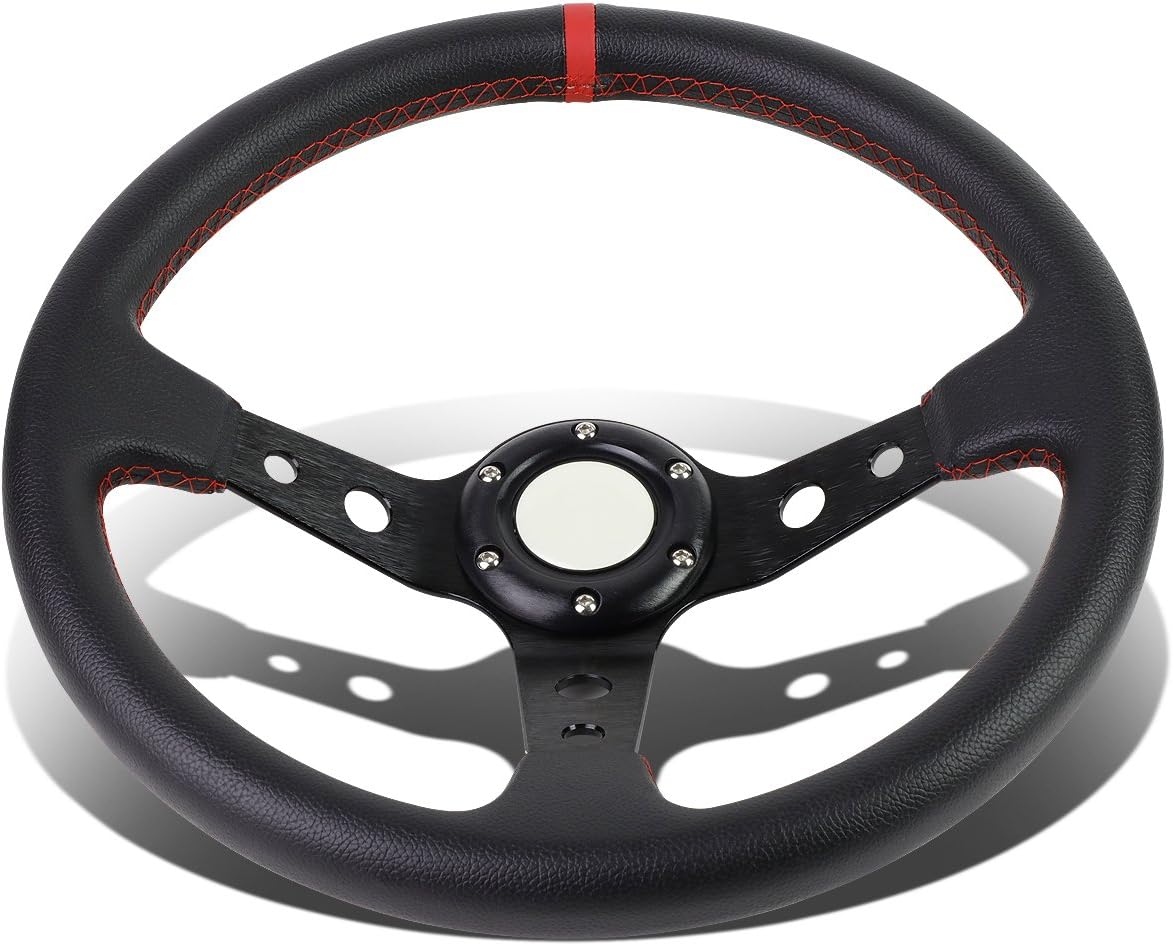 DNA MOTORING 350mm 3" Deep Dish Racing Steering Wheel 6-Bolt 3 Spoke Universal Aluminum Vinyl Leather Car Sport Steering Wheel, Black Spoke/Red Stripe, SW-T510-BK-RD