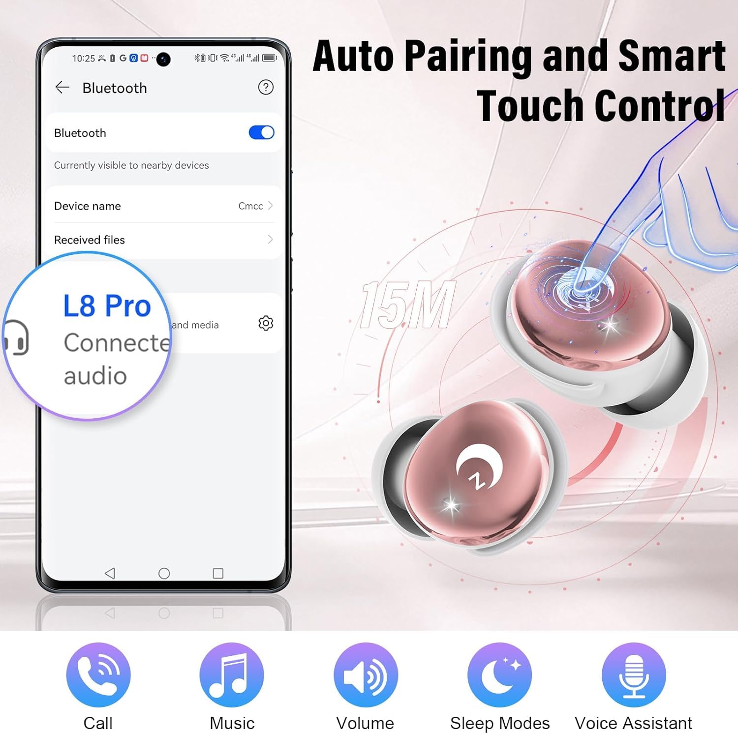 Cuffie Bluetooth, mini cuffie per dormire, 48 ore, Bluetooth 5.4 con touchscreen, 2026, senza fili, con cancellazione del rumore ENC, auricolari IPX7, bassi profondi, polvere di rosa