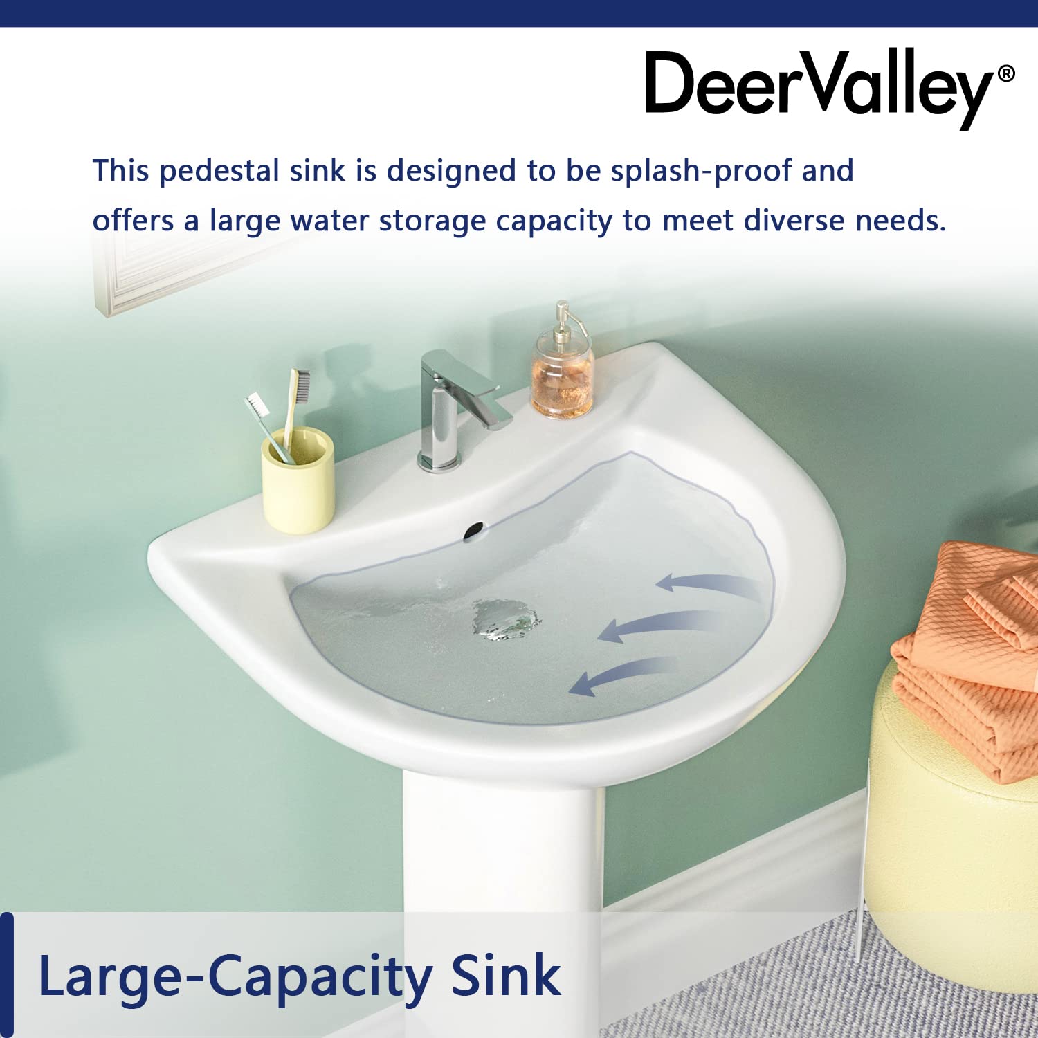 DeerValley Lavabo de pie Lavabo con Pedestal en Cerámica Blanco, con desbordamiento y agujero único preperforado(80 * 52 * 44cm)